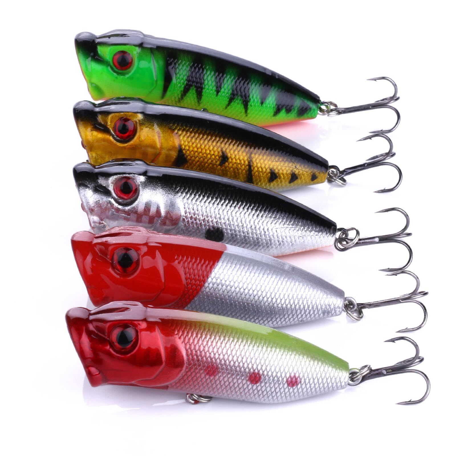 HENGJIATopwater Popper Saltwater Fishing Lures, Pack of 5 Popper Treble Hooks Surf Fishing Lures for Striper Pike Salmon Lures Bass Popper Fishing Plugs Offshore, 2.56in, 2/5oz