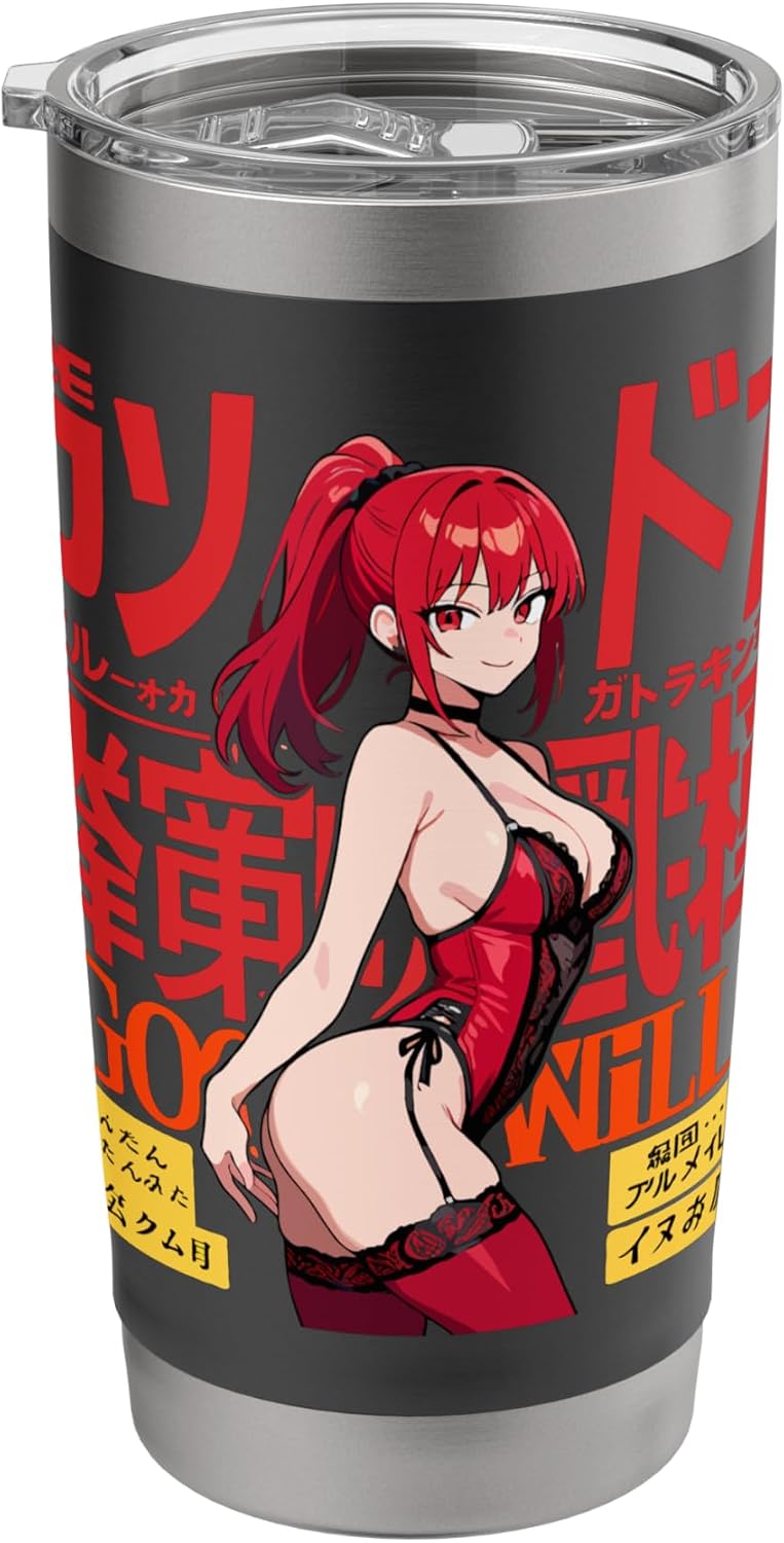 Sexy Waifu Anime Girl Red Lingerie Japanese Art Style Stainless Steel Insulated Tumbler