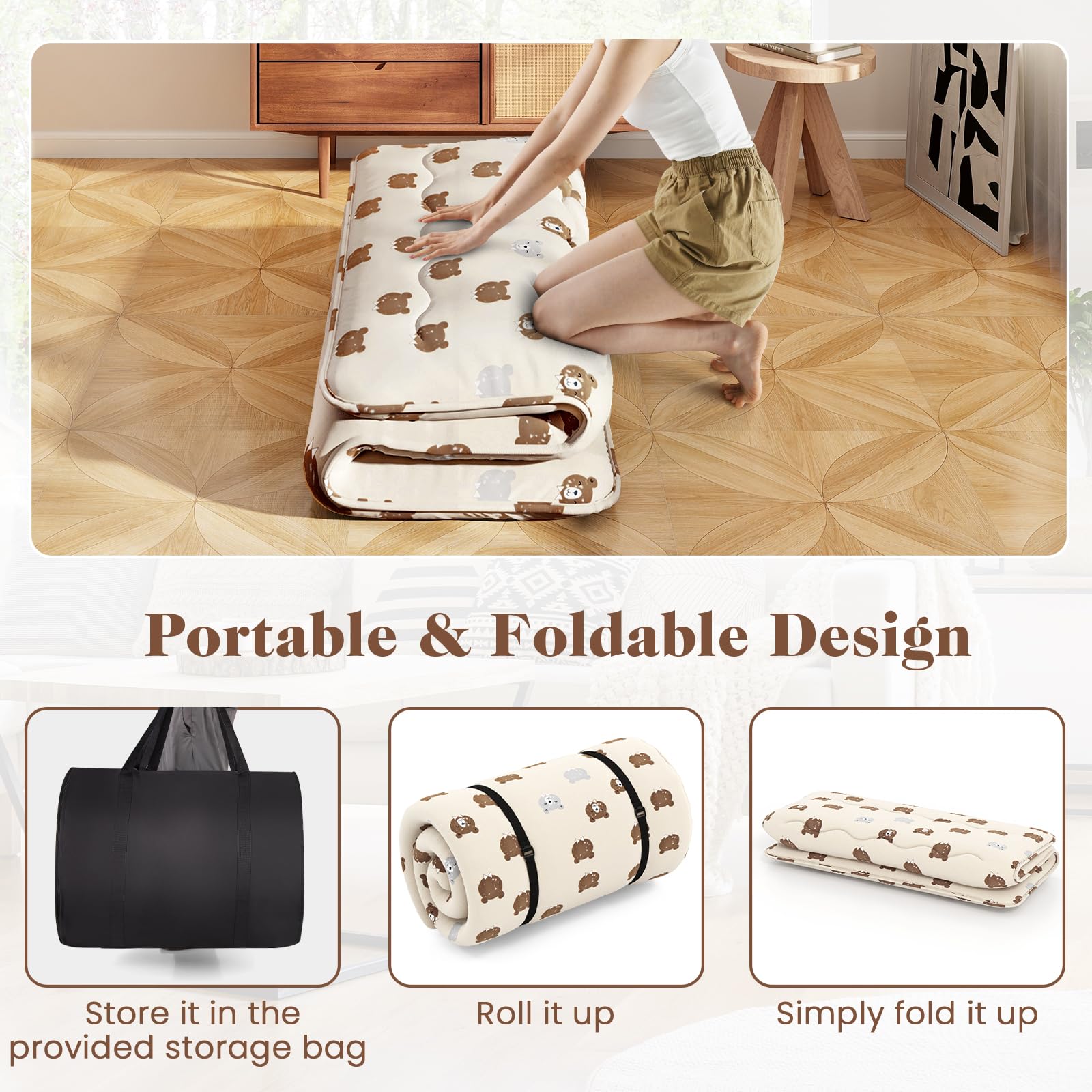 LIFEZEAL Matelas Futon 1 Place Pliable, Matelas de Sol Japonais avec Sac, Futon Tatami Portable, Déhoussable et Lavable en Machine pour Intéruer et Extérieur, Café