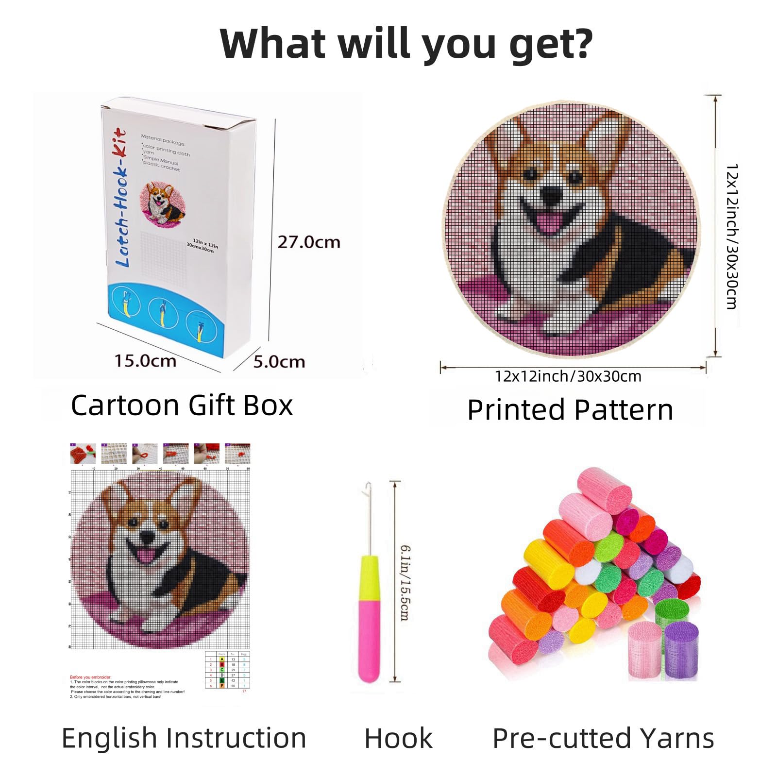 Latch Hook Rug Kit Cute Corgi Dog Easy for Beginners Round Shape Carpet Crochet Yarn Craft Mini Rug DIY Hook and Latch Little Tapestry for Home Decor 30x30cm-4