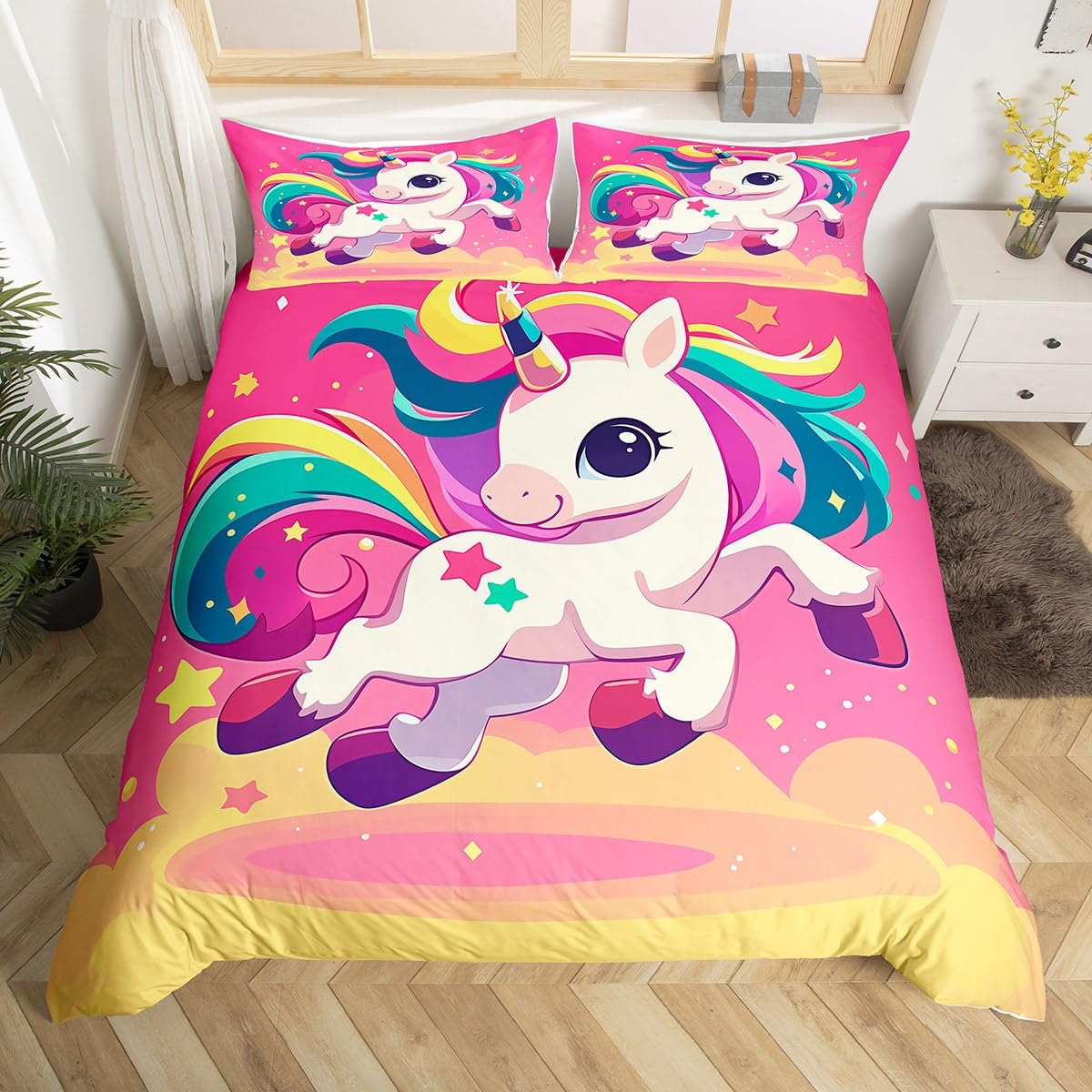 Parure de lit licorne sous un ciel étoilé pour chambre de fille