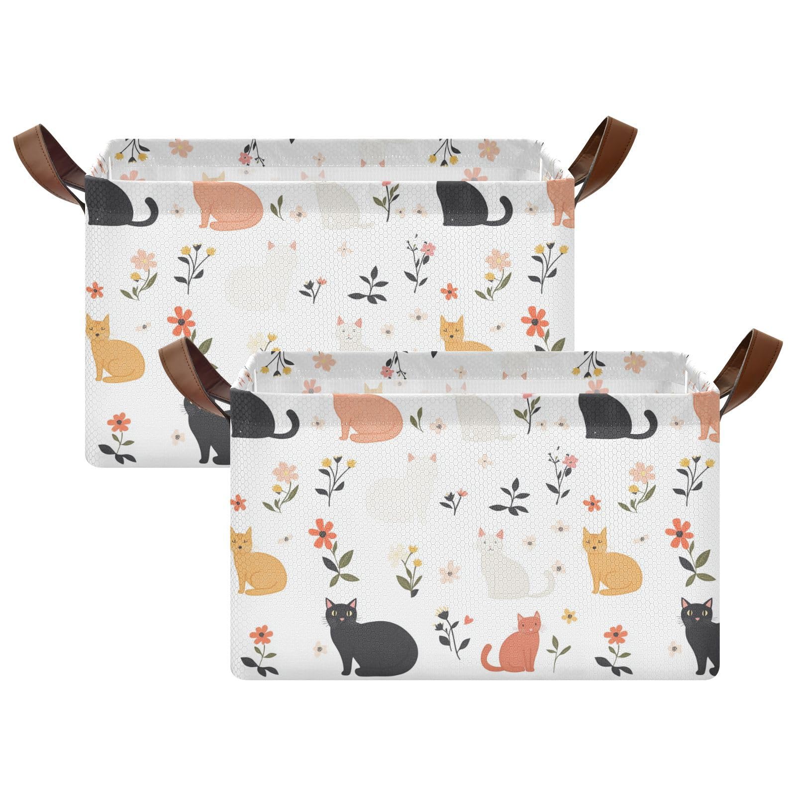 KLL Kreskówka słodki kot białe duże kosze do przechowywania z uchwytami sześcianowy kosz na książki, ręczniki i ubrania, 2-pak cajas de almacenamiento para closet