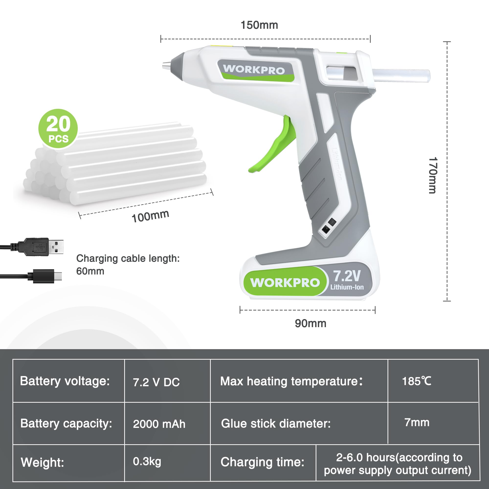 Image secondaire de WORKPRO Pistolet à Colle Chaude Sans Fil 7,2V avec Batterie et 20 Bâtons