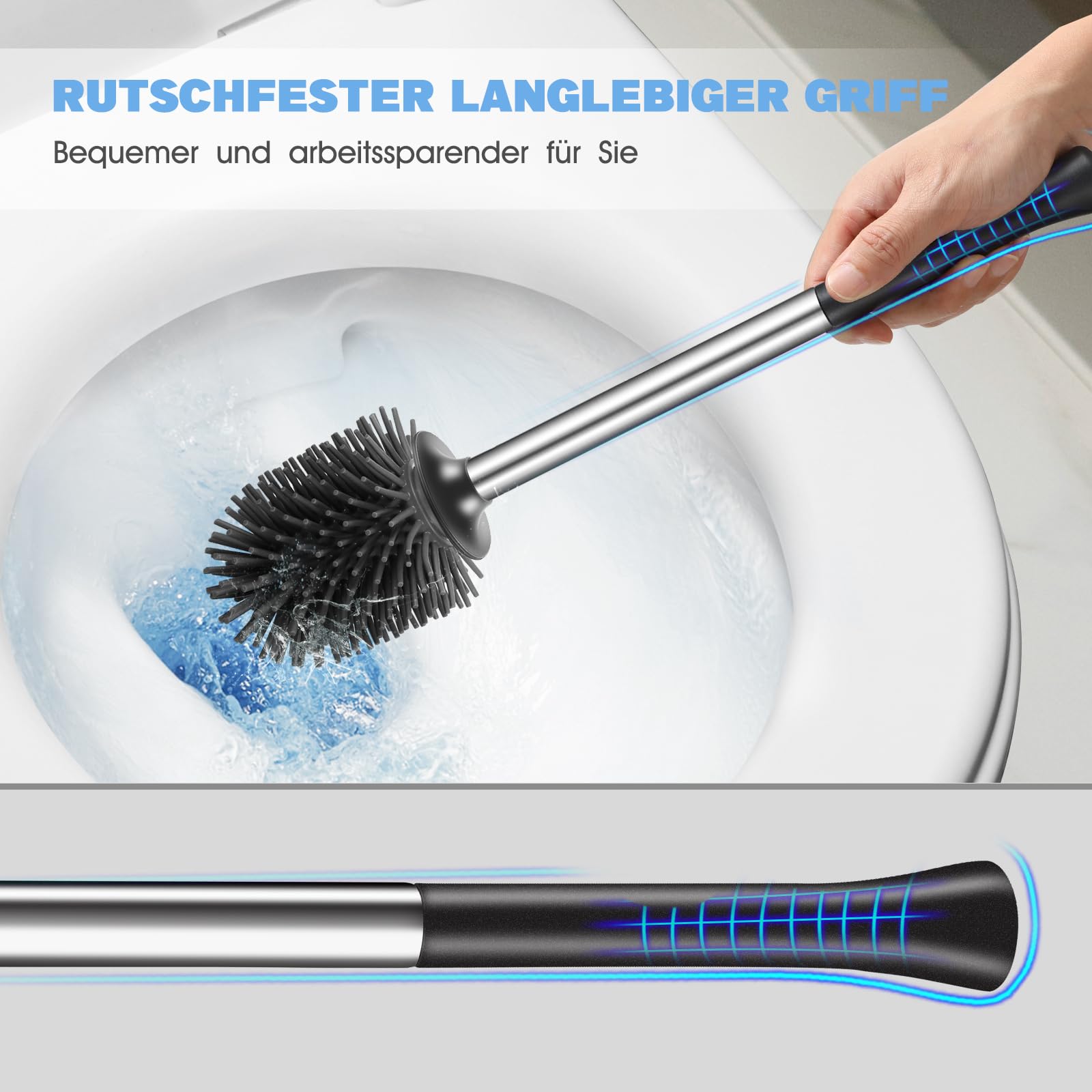 HAMITOR Klobürste Silikon WC Bürsten Edelstahl: Tiefenreinigüng Toilettenbürste mit Halter und Randreiniger-Flexible Klobürstenhalter Set fur Badezimmer Stehen Klobürste