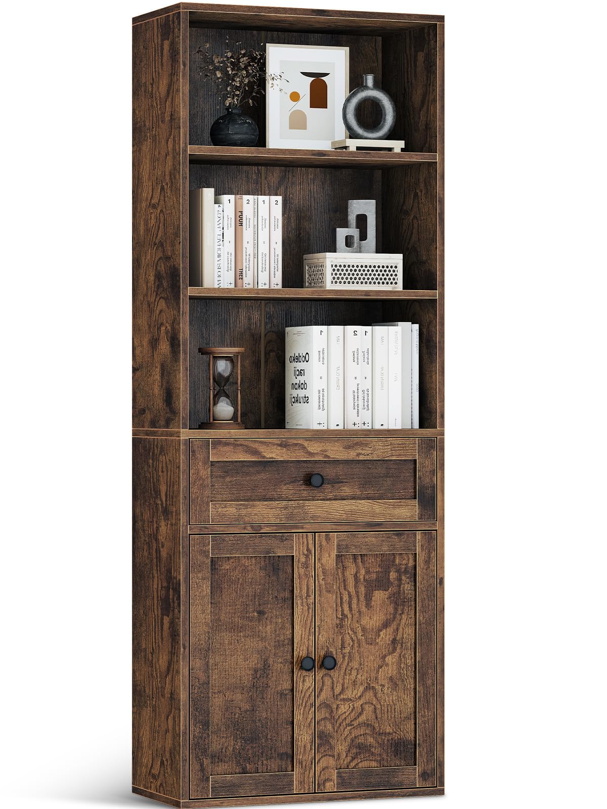 Coleshome 5-Tier Bookcase with Doors and Cabinet, Bookshelf Floor Standing Display Storage Shelf, Tall Bookcase with drawers for Home, Office, Living Room, Bedroom, Rustic Brown, 48 x 24 x 164.2