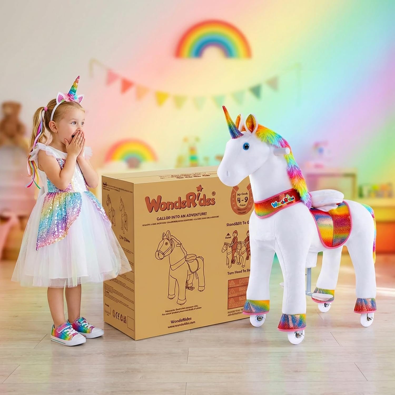 WondeRides Ride on Unicorn Horse Toys Pony Rider Rainbow Rocking Horse Unicorn Size 3 for Age 3-4, 30.1 inch Height Plush Walking Animal Mechanical Riding Pony with Wheels