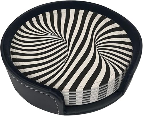 Drink Coasters Set of 6, Optical Illusion Printed PU Leather Round Coaster with Holder for Outdoor, Office, Bar, Funny Heat-Resistant Home Desk Decor