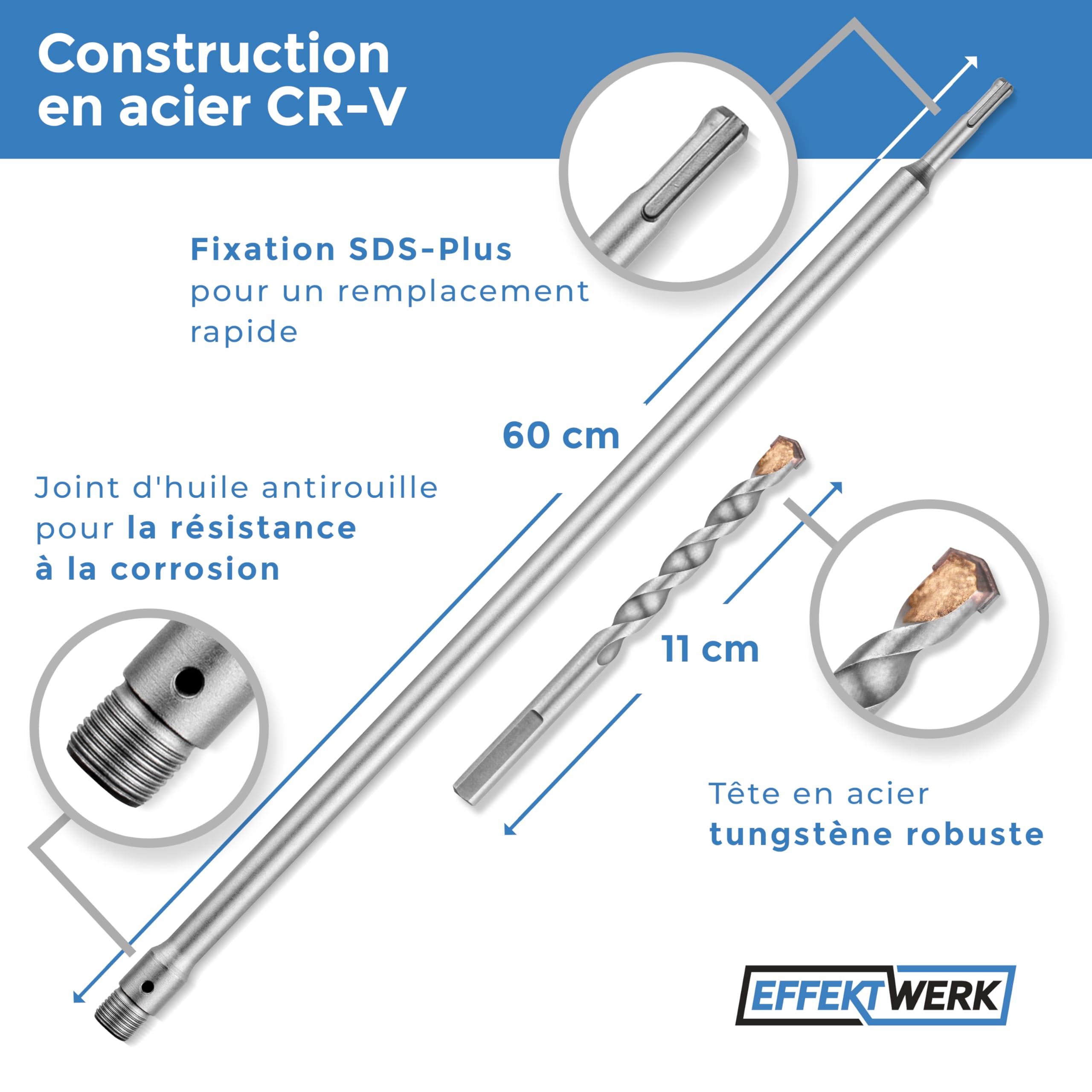 SDS Plus Tige d'extension pour foret creux, 600 mm de long avec filetage M22, foret central et vis