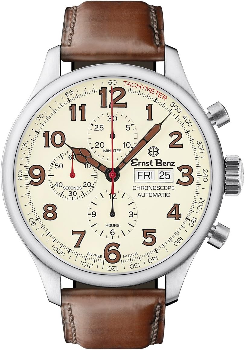 Automatic 47mm Parchment Dial Brown Leather Watch by Ernst Benz