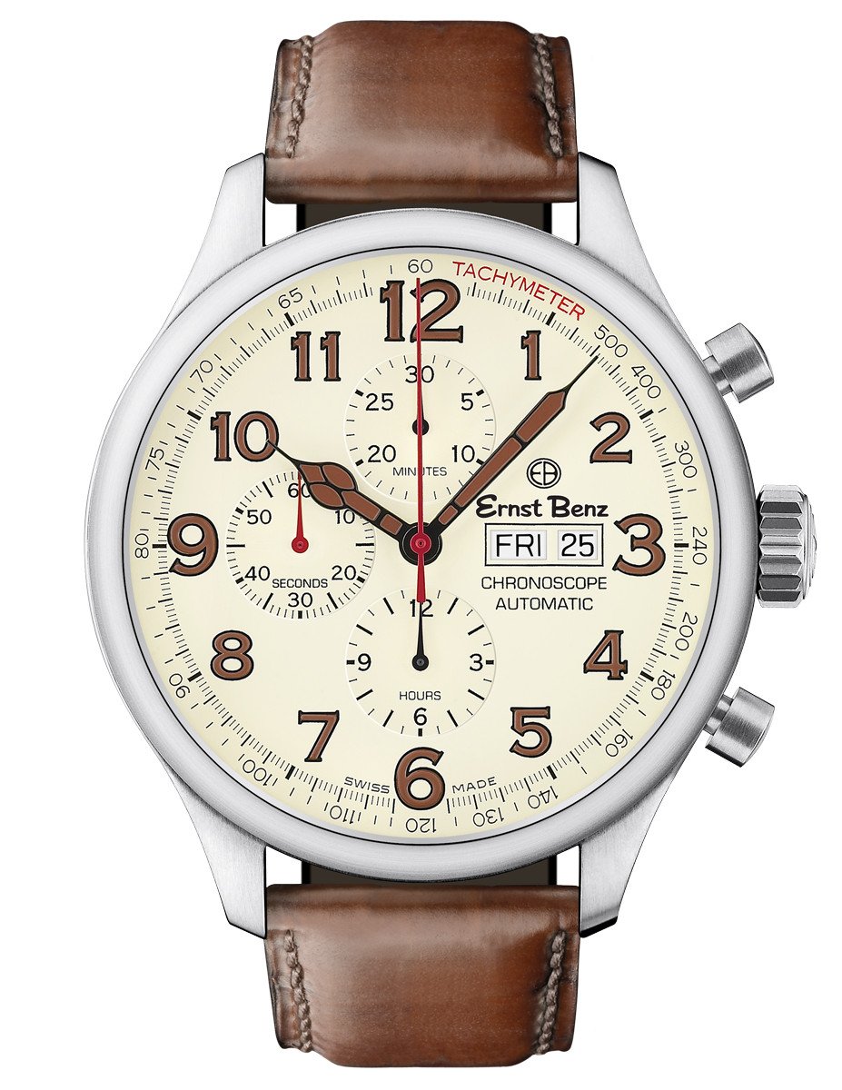 Automatic 47mm Parchment Dial Brown Leather Watch by Ernst Benz