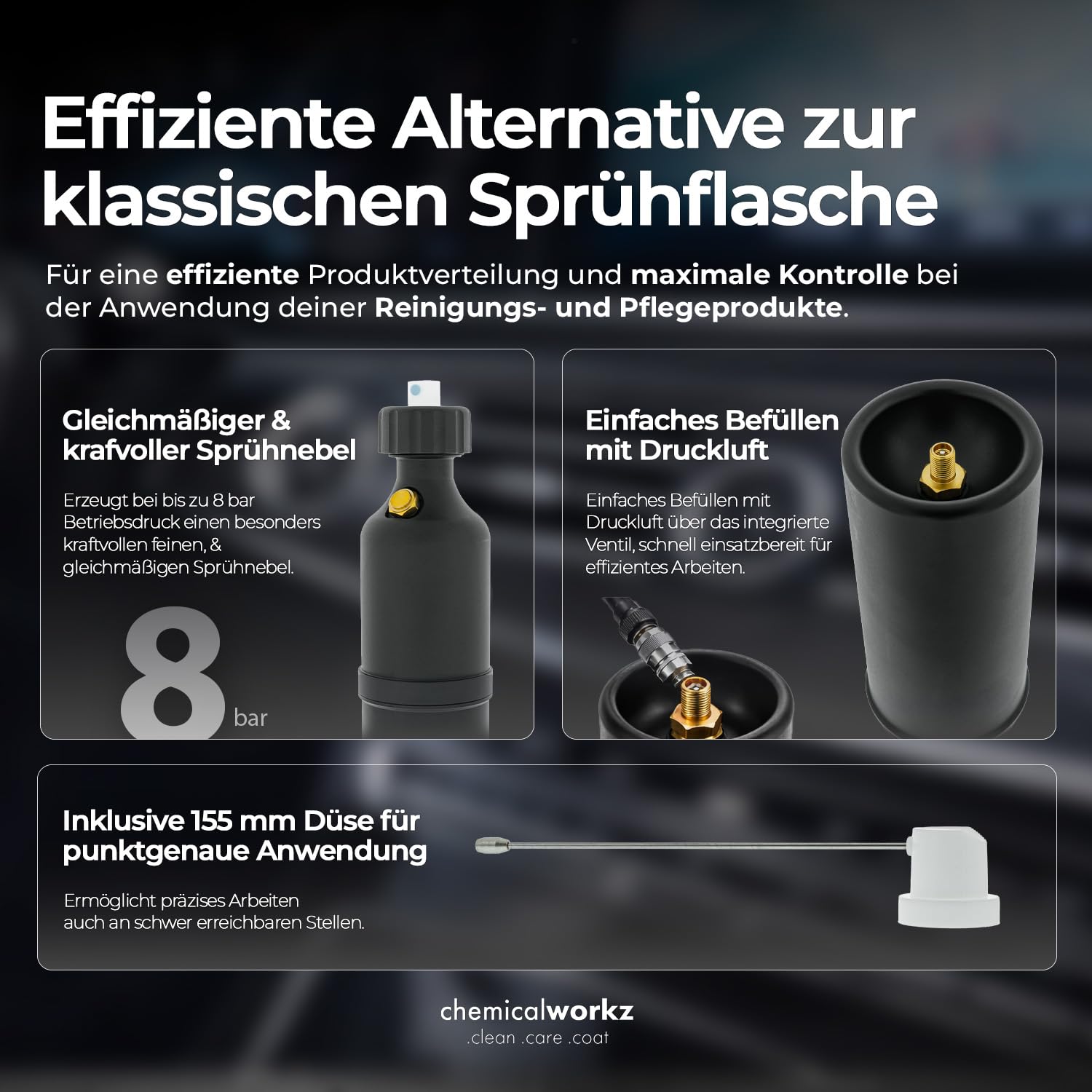 chemicalworkz Druckluft Sprühflasche 200 ml | Refill Pressure Sprayer mit 8 bar, Sicherheitsventil und 2 Düsen für Sprühnebel & Punktstrahl | Wiederbefüllbares Drucksprühgerät für Auto & Werkstatt
