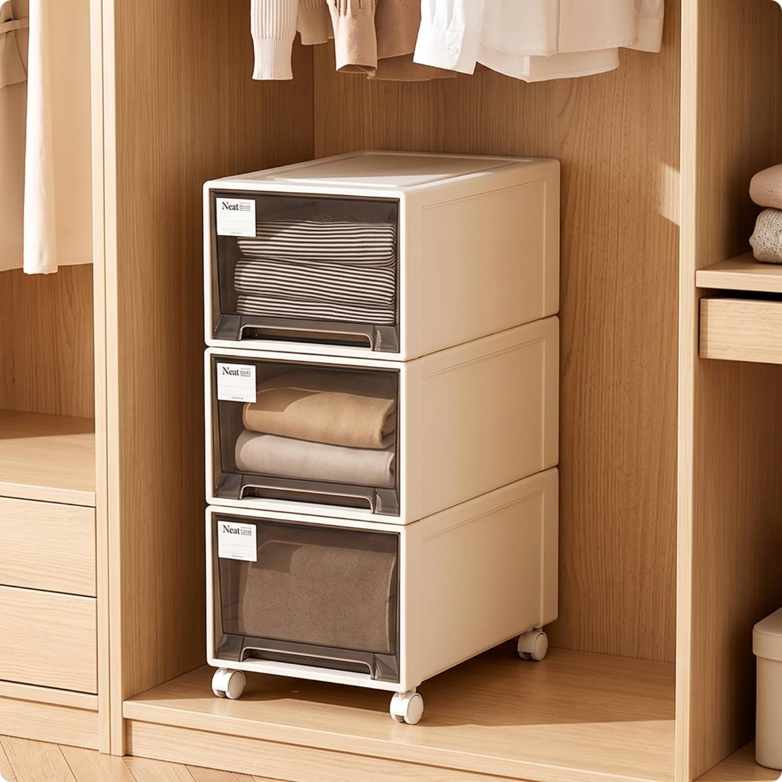 KESOTO Armario de Almacenamiento Modular Organizador Cómoda Estantería Cajonera Frente Transparente para Revisar Contenido, Transparente Albaricoque, Profundidad 53 Ancho 44 Alto 93.3cm