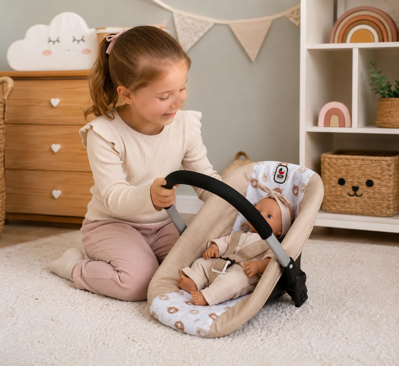 Bayer Chic 2000 - Seggiolino auto per bambole con adattatore per passeggino per bambole, accessori per bambole, orsetti beige