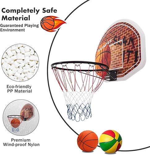Miniatura 3 de GYMAX Mini aro de baloncesto, aro de pared de 29 x 20 pulgadas con red de repuesto, tablero de baloncesto portátil inastillable, aro de baloncesto