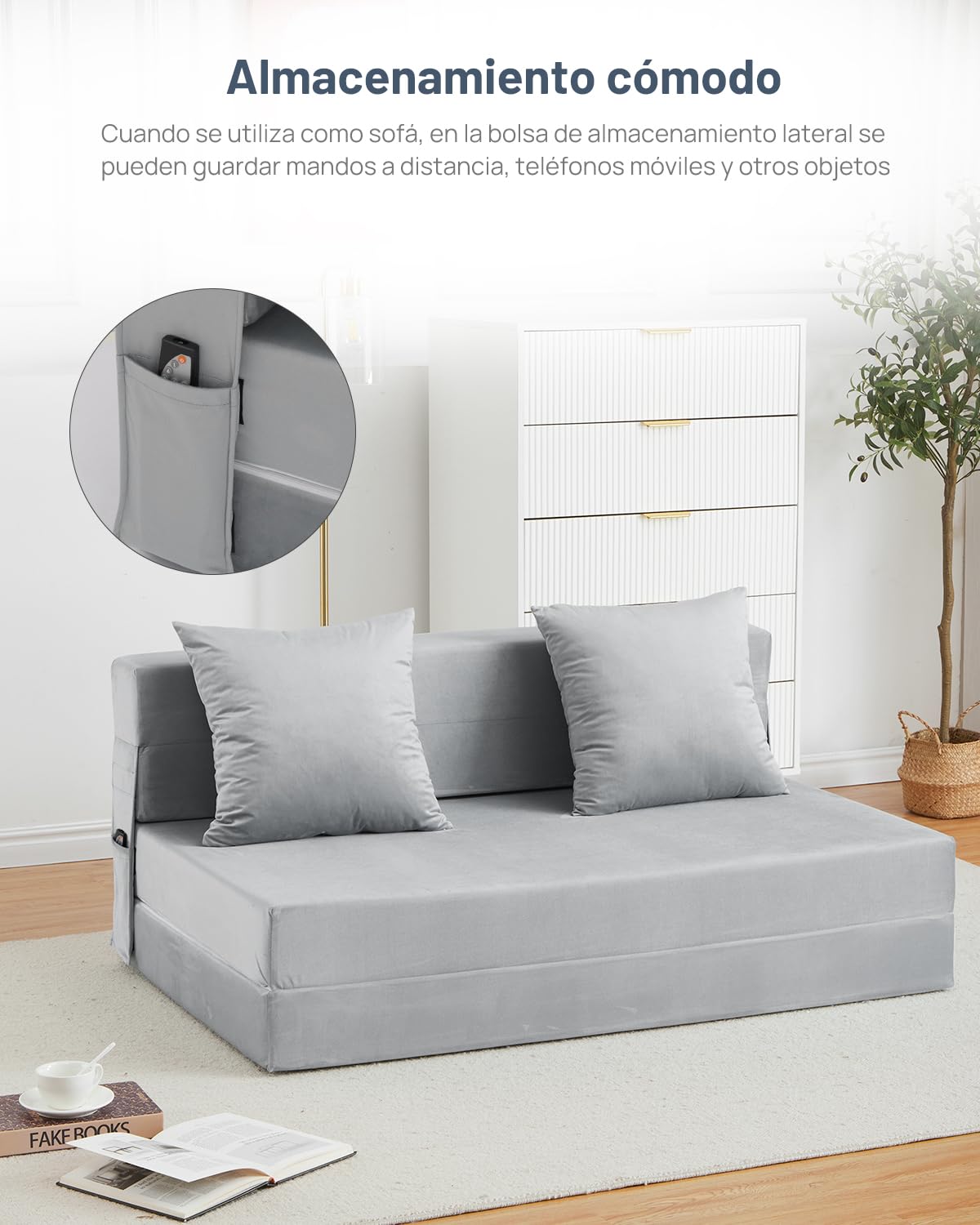 HAUSPROFI Sofá Cama 2 Plazas, 140x200 cm Cama Plegable con Funda Terciopelo Y 2 Cojines, Funda Extraíble Lavable, Colchón Plegable Espuma Poliuretano Alta Elasticidad (Gris)