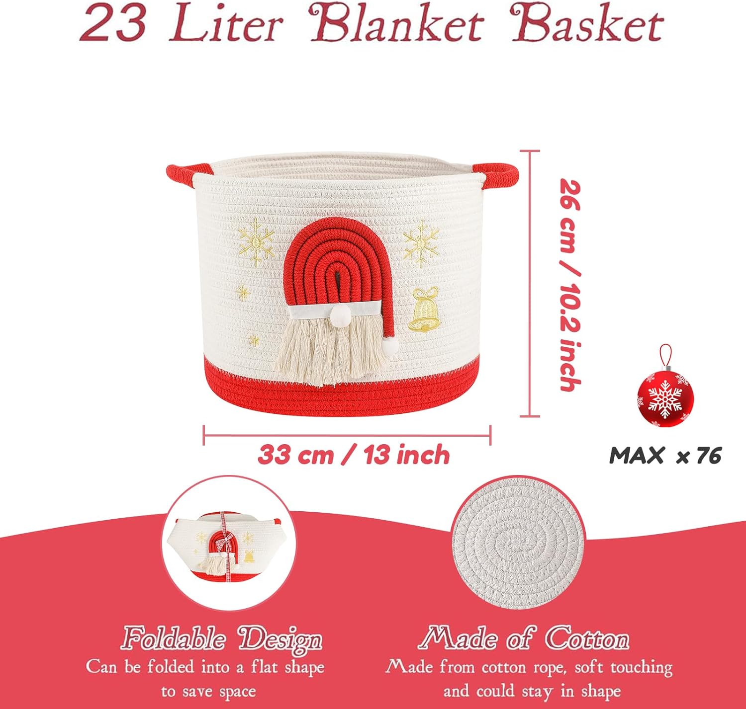 Christmas Basket Cotton Rope Blanket Storage Basket Large Christmas Buckets with Red Handle, Laundry Baskets with 3D Santa Claus Raffle Basket Holiday Baskets Empty for Gifts Decorative Winter Baskets