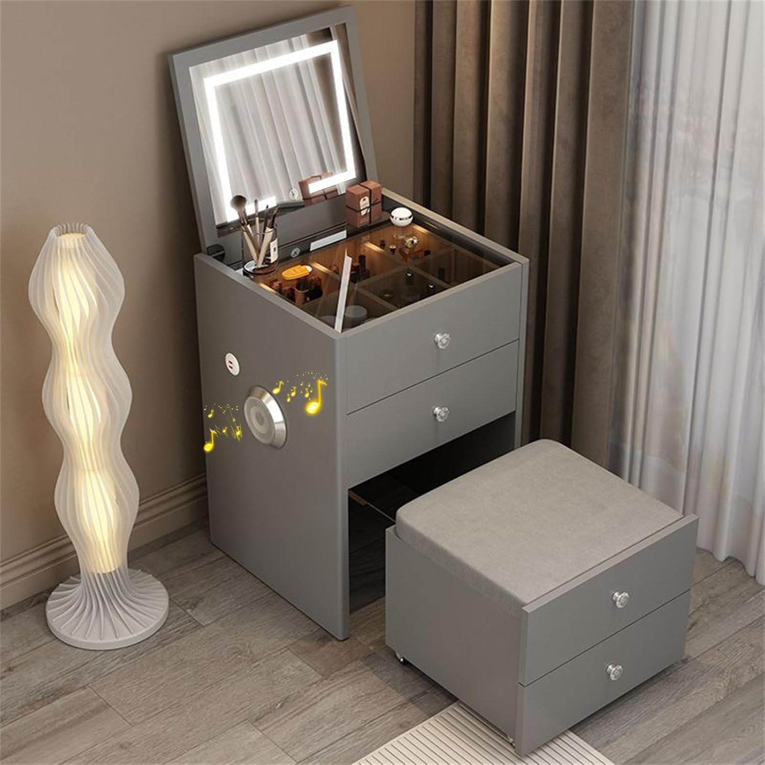 Small Vanity Set - Makeup Vanity Table with USB Charging Station & Speaker, Vanity Desk with Mirror and Lights Dressing Table Makeup Vanity Drawers and Storage Stool Make Up Desk,Gray,19.7"×15.