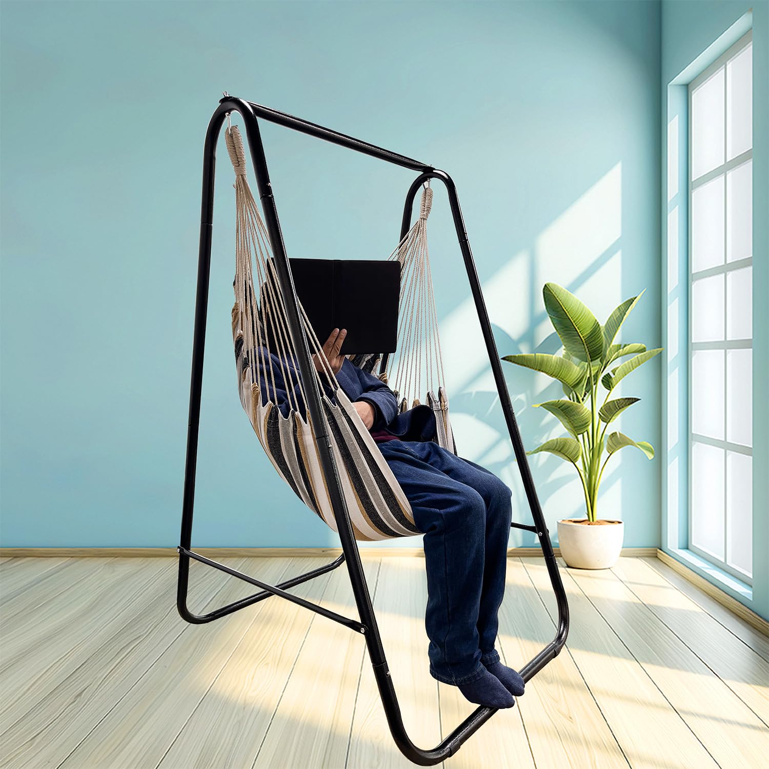 Silla hamaca con soporte, soporte para silla hamaca con columpio colgante incluida, soporte de hamaca resistente a la intemperie máximo 450 libras, soporte de columpio para interiores y exteriores