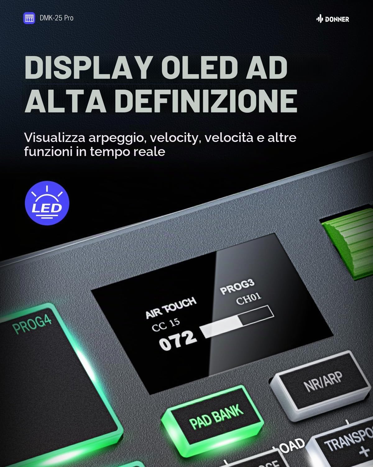 Donner DMK25 Pro - Controller MIDI per tastiera, 25 mini tasti, controller MIDI USB-C portatile con 8 drum pad, display OLED, touch bar personalizzato, software di produzione musicale e 40 corsi di