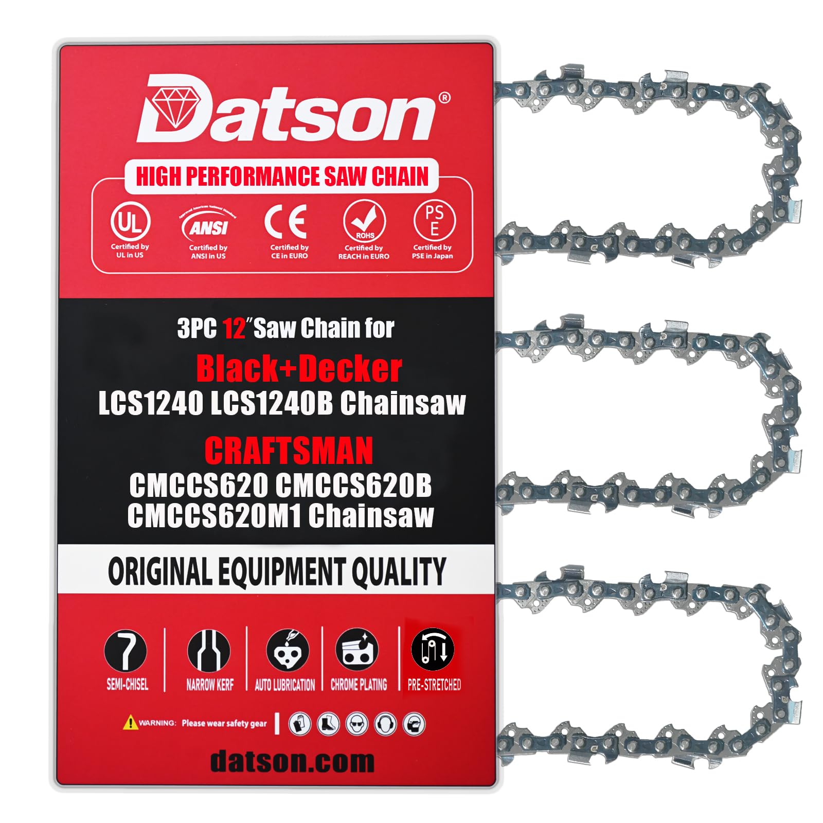 3 catene per motosega da 30,5 cm per motosega Black+Decker LCS1240 LCS1240B, catena di ricambio da 30,5 cm per motosega CRAFTSMAN CMCCS620 CMCCS620B CMCCS620M1