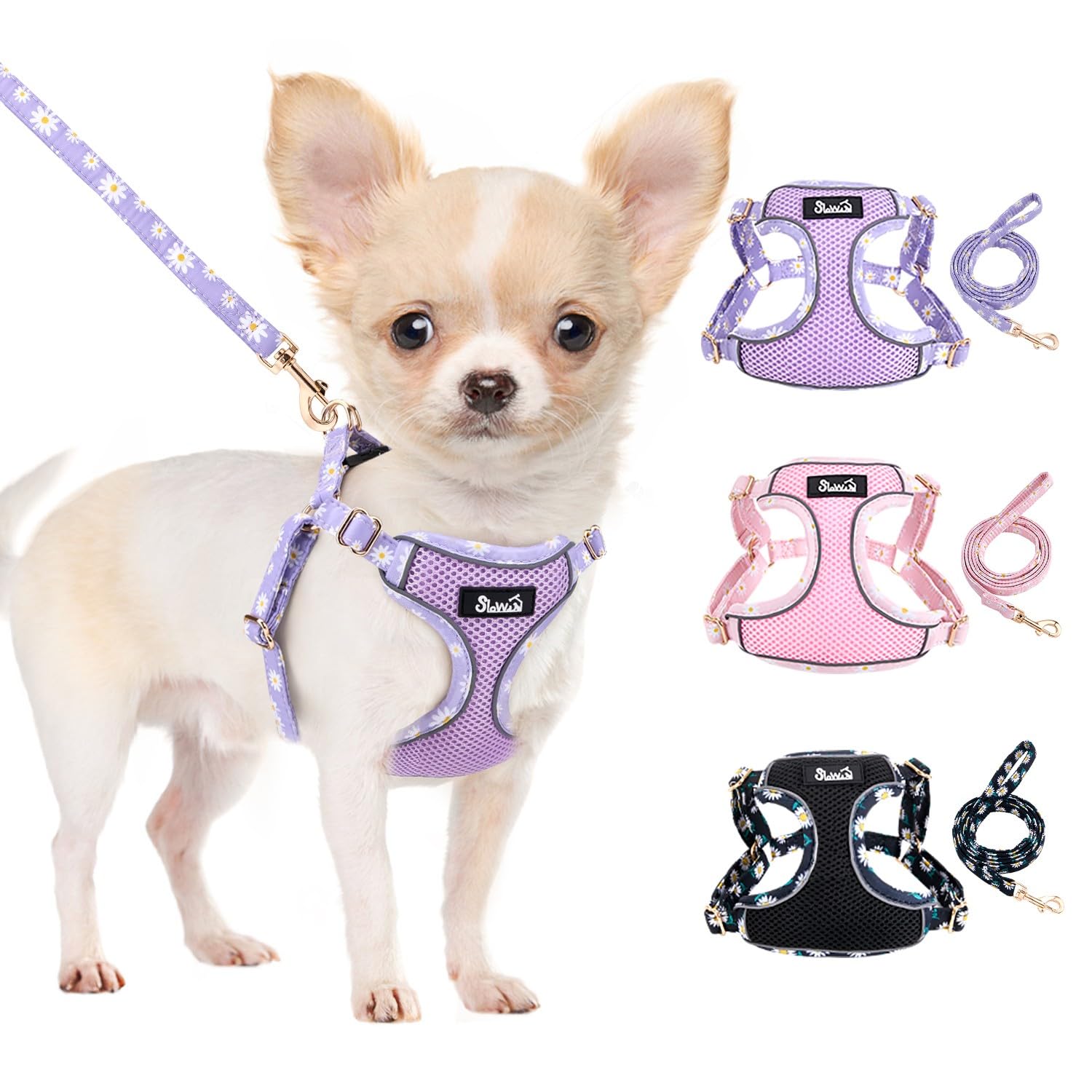 SlowTon Hundegeschirr mit Leine, No-Pull leichtes weiches Wildleder-Welpengeschirr mit Blumenmuster und Schnappschnalle, verstellbares Geschirr Hund für kleine und mittelgroße Hunde