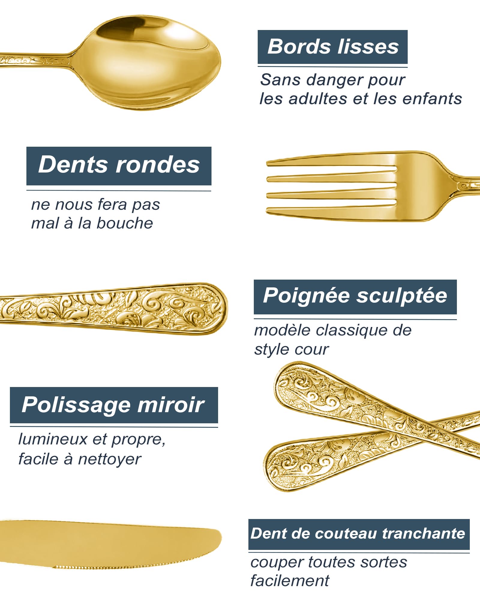 Ensemble de couverts vintage en or sculpté 24 pièces pour 6 personnes, vaisselle en acier inoxydable avec couteau/fourchette/cuillère, ensemble de couverts pour la maison et la cuisine