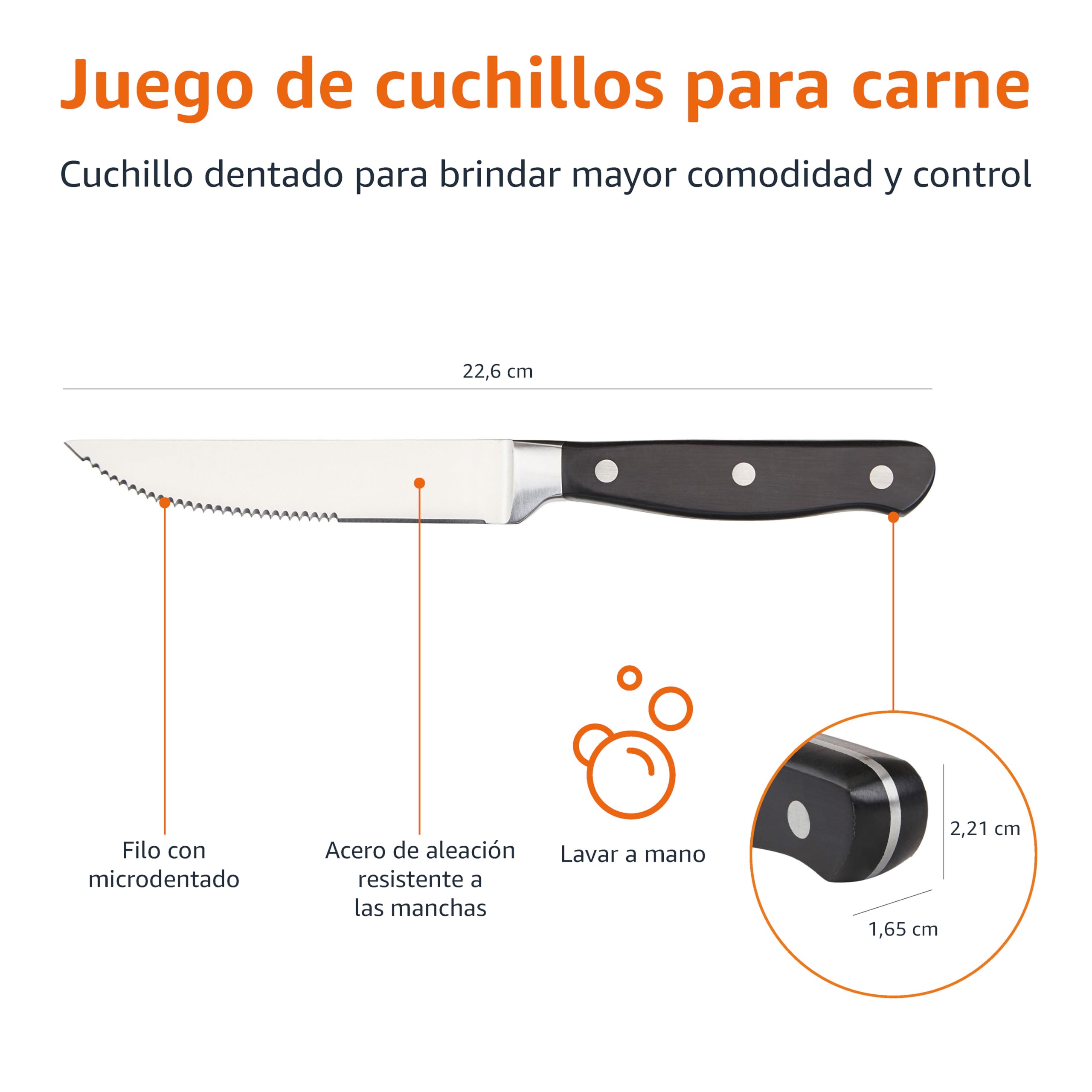Amazon Basics Juego de cuchillos de carne, 8 Unidad, Negro/Acero inoxidable cepillado