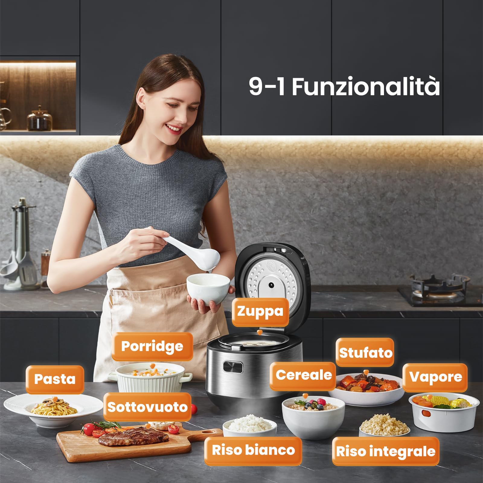 Midea Cuocere riso con 9 funzioni, 2 l, 4 tazze