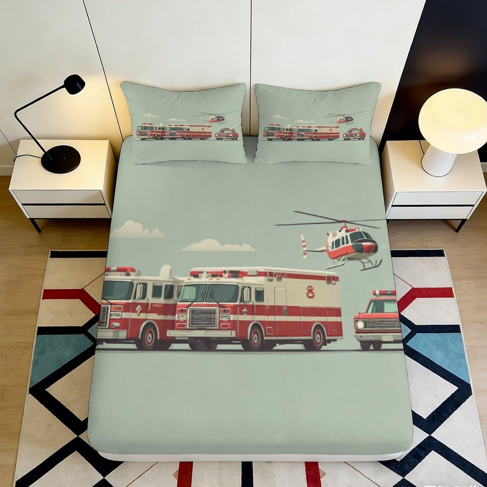 3D Printed Fire Truck Fitted Sheet Microfiber Soft Ambulance Helicopter Mattress Cover for Bedroom Dorm Decor Protection 90x200x25cm