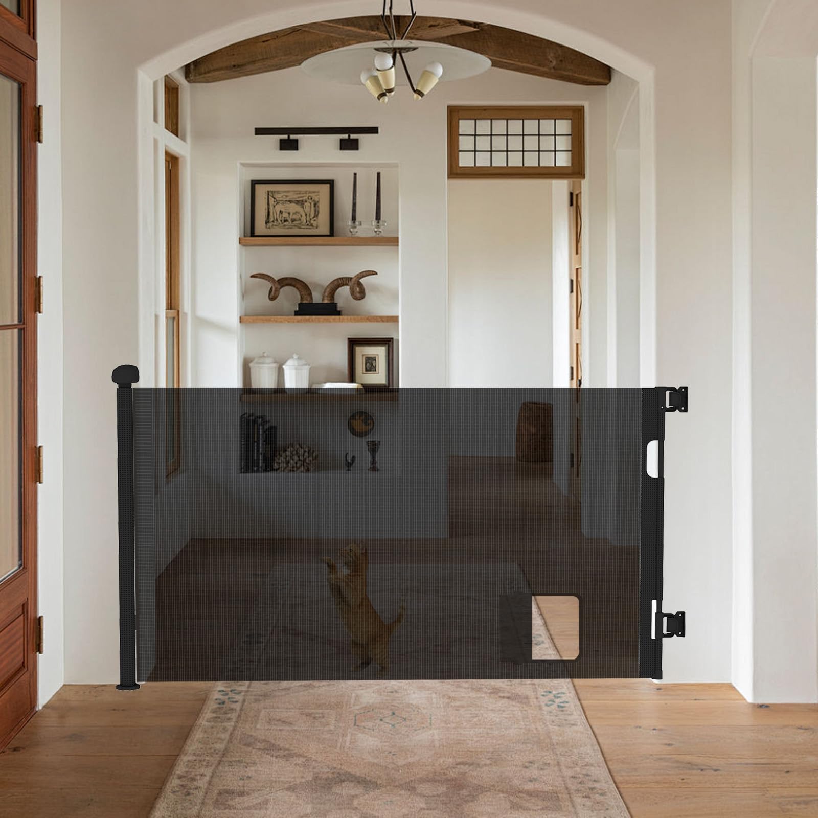 Rejilla de protección para escaleras extensible de 0 a 150 cm, con solapa para gatos, rejilla de protección para puerta, barrera para bebés, rejilla de protección para bebés y mascotas (negro)