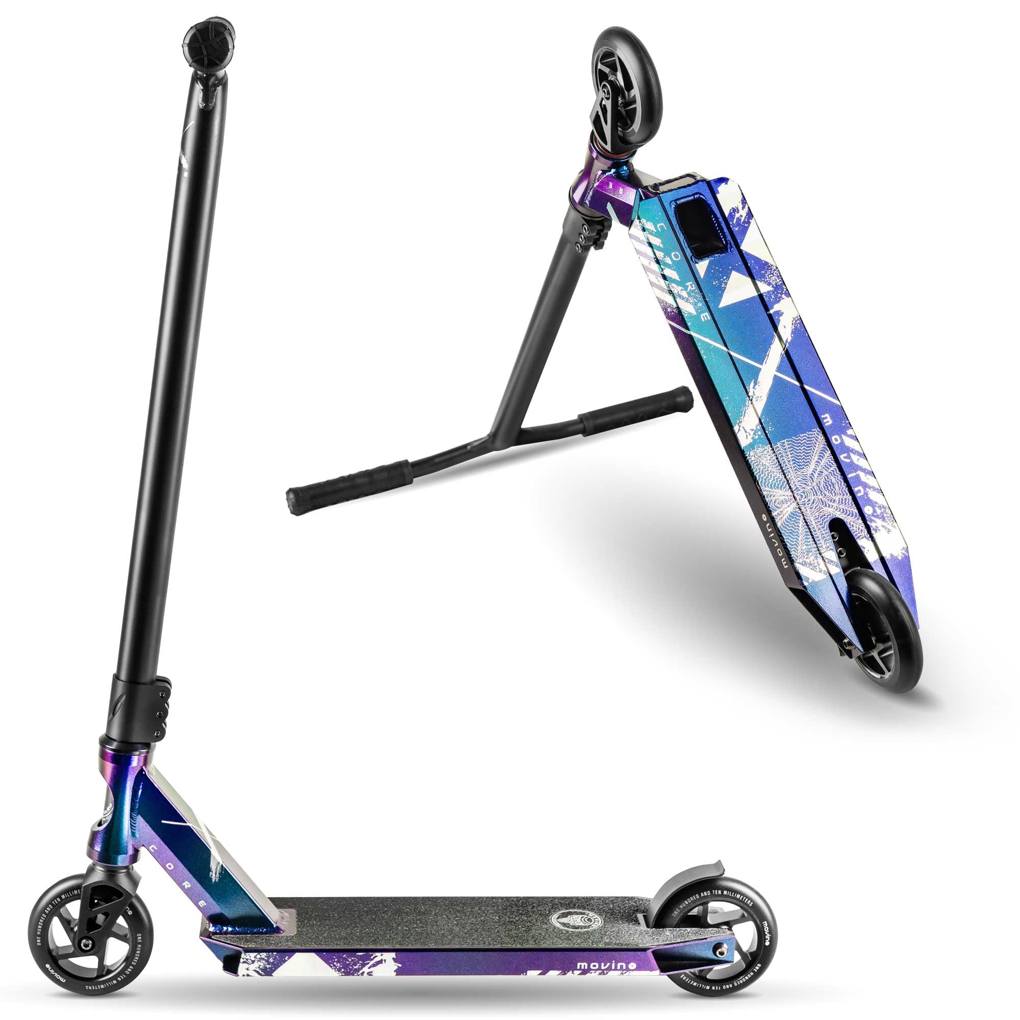 Movino X-Core Neosilver Monopattino Scooter Professionale Monopattino Acrobatico Cuscinetti A Sfera ABEC9 Ruote Da 110 mm Sistema Di Compressione IHC Freestyle Scooter Manubrio Cromato Lungo 59 cm