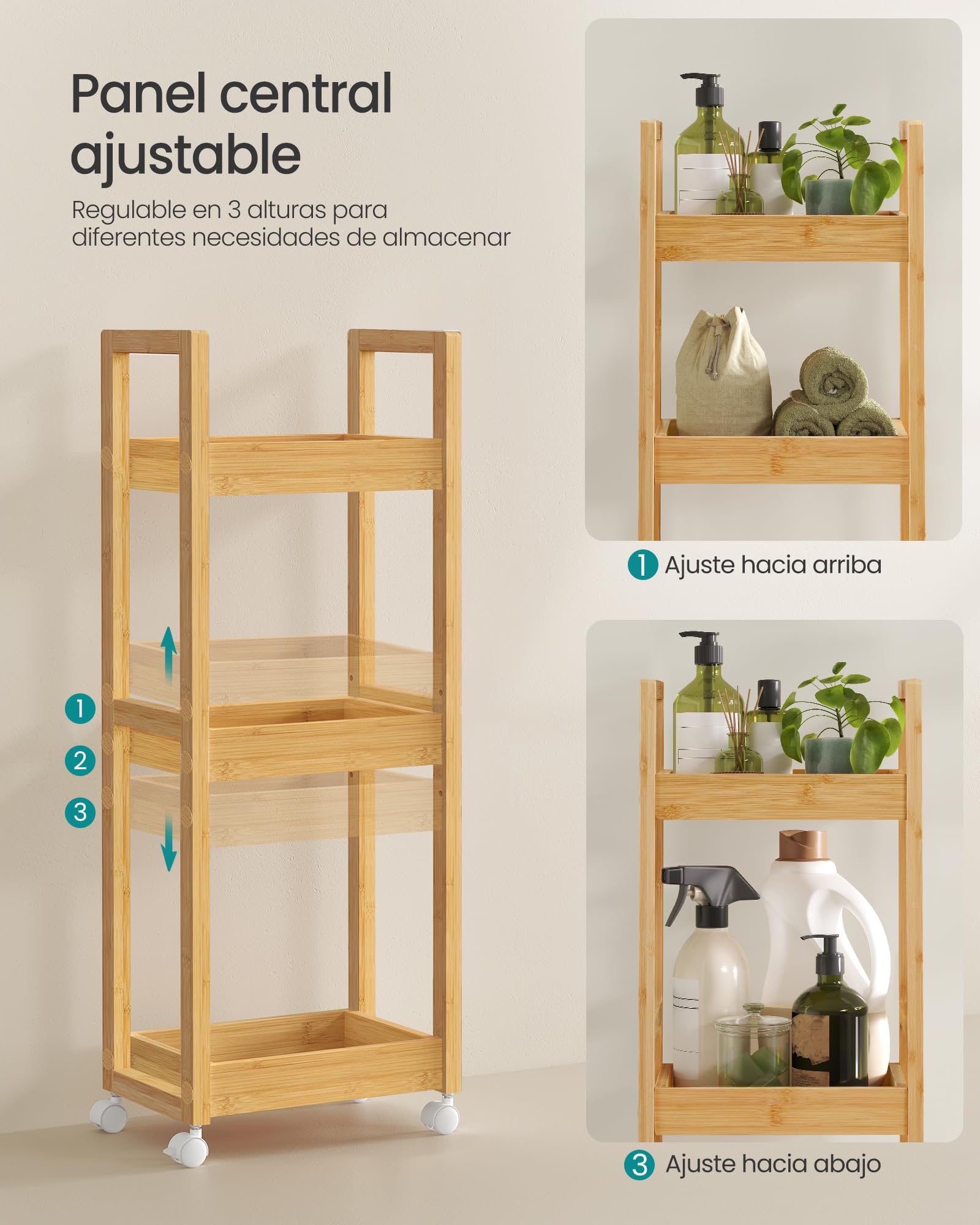 SONGMICS Carrito de Baño 3 Niveles Bambú Estrecho con Ruedas 20x30x80 cm Beige Natural