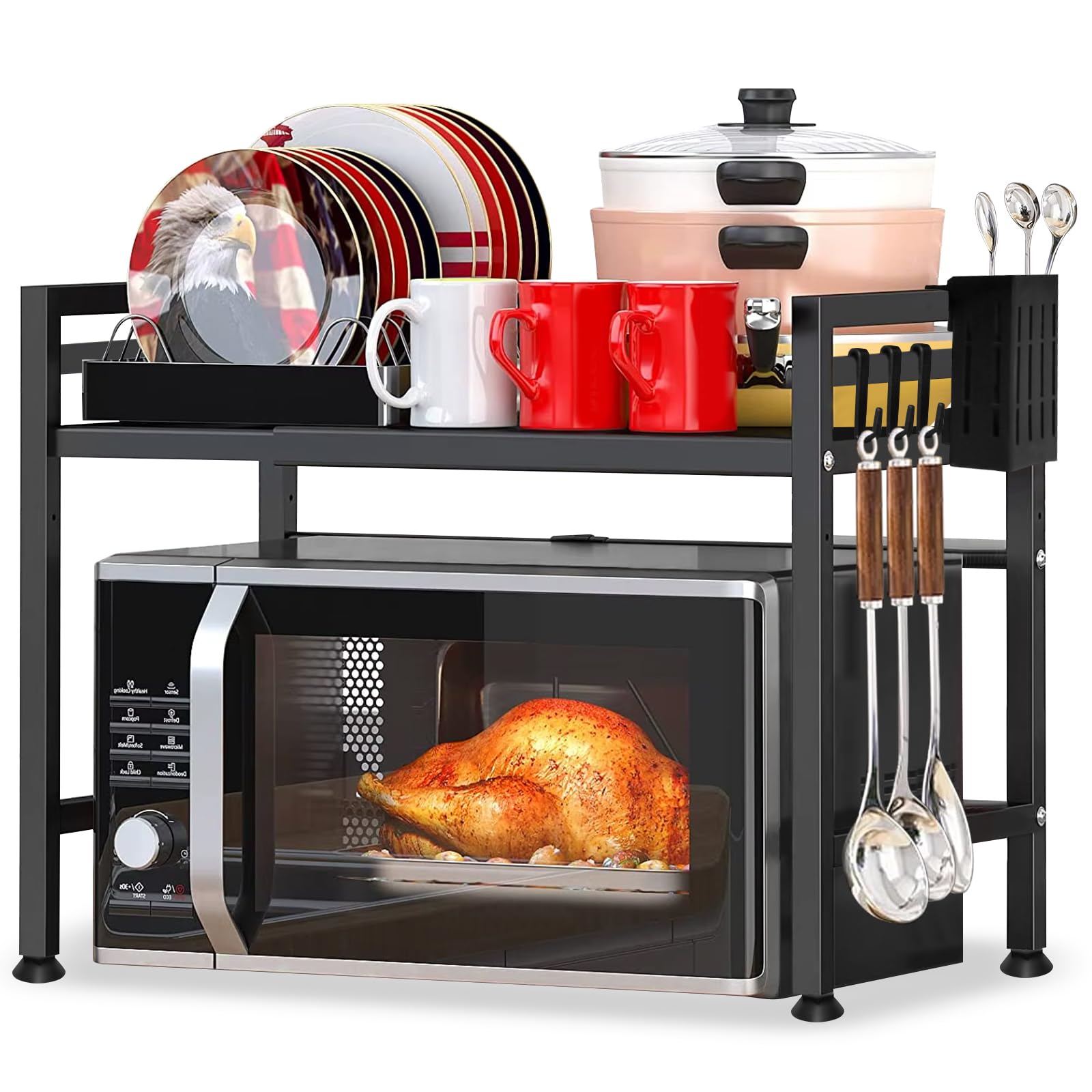 Extendable Microwave Stand, Kitchen Microwave Shelf, 2 Levels, Microwave Cabinet, Carbon Countertop, Microwave Shelf with 8 Hooks, 1 Utensil Holder