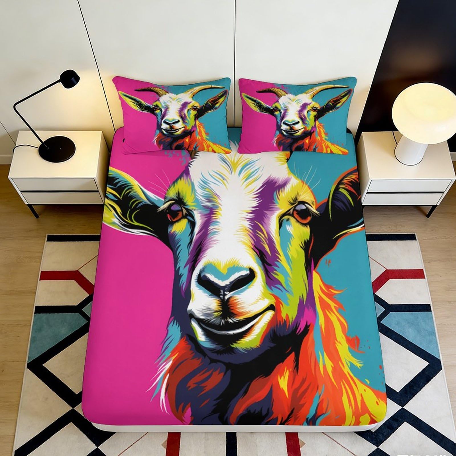 3D Printed Colorful Goat Art Fitted Sheet Microfiber Soft Bedroom Decor Vibrant Animal Mattress Cover for Home Dorm 90x200x25cm