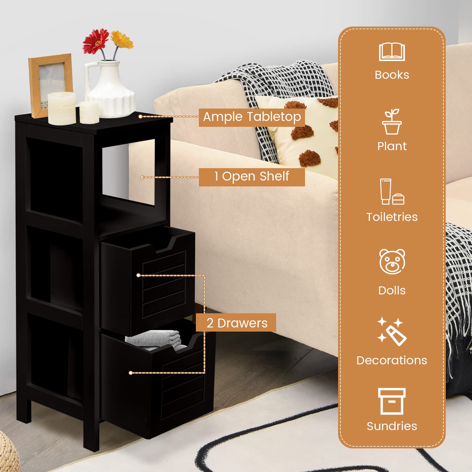 GIANTEX Badezimmerschrank, Schmaler Badeschrank mit 2 Schubladen, 30 x 30 x 89 cm, freistehender Schrank für Badezimmer & Wohnzimmer, Badkommode Aufbewahrungsschrank (Schwarz)