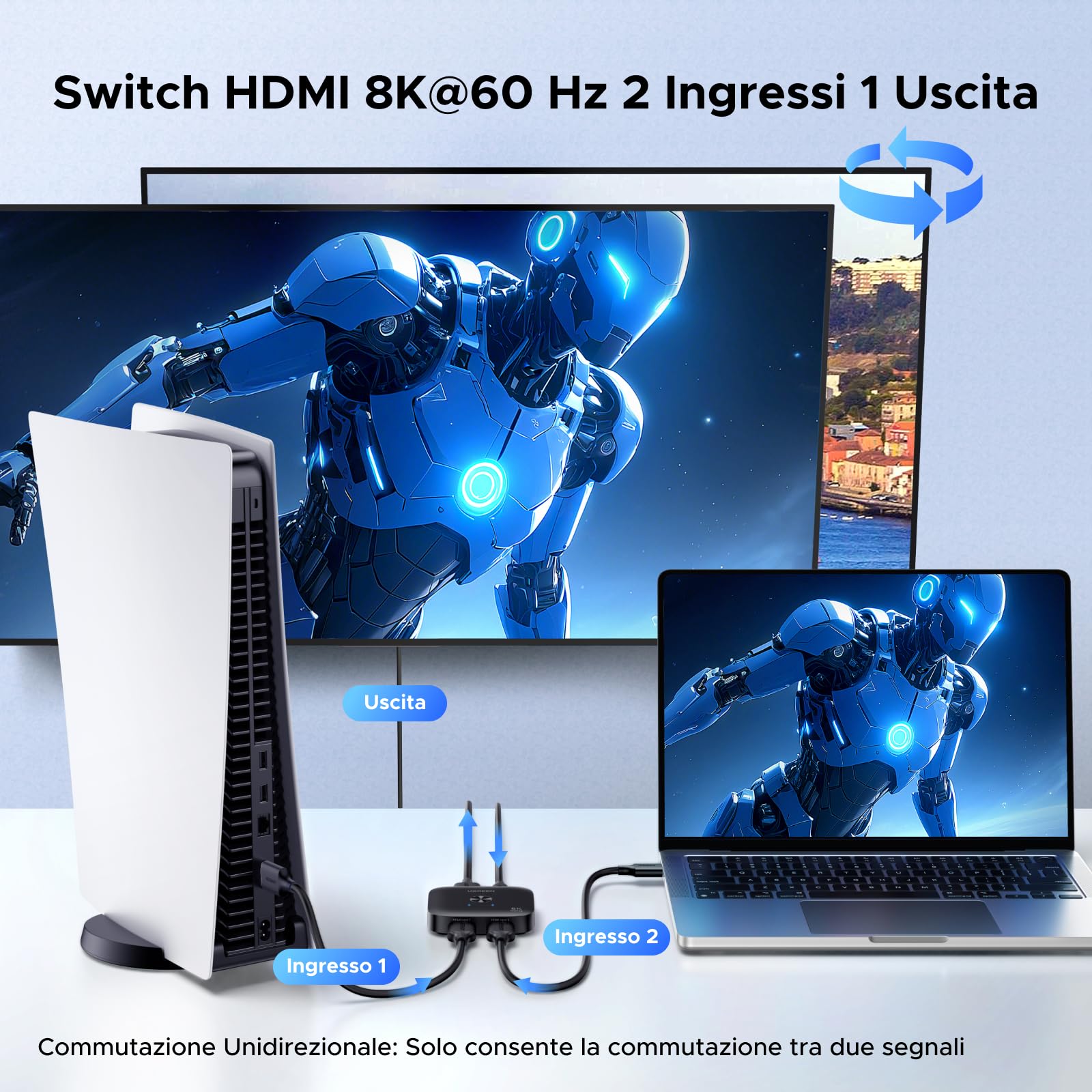 UGREEN Switch HDMI 2.1 8K 60Hz 4K 240Hz 2 Ingressi 1 Uscita Commutatore HDMI Alta Risoluzione Supporta HDR VRR Dolby Atmos Compatibile con PC PS5 PS4 Xbox One Serie X TV Box Proiettore Monitor
