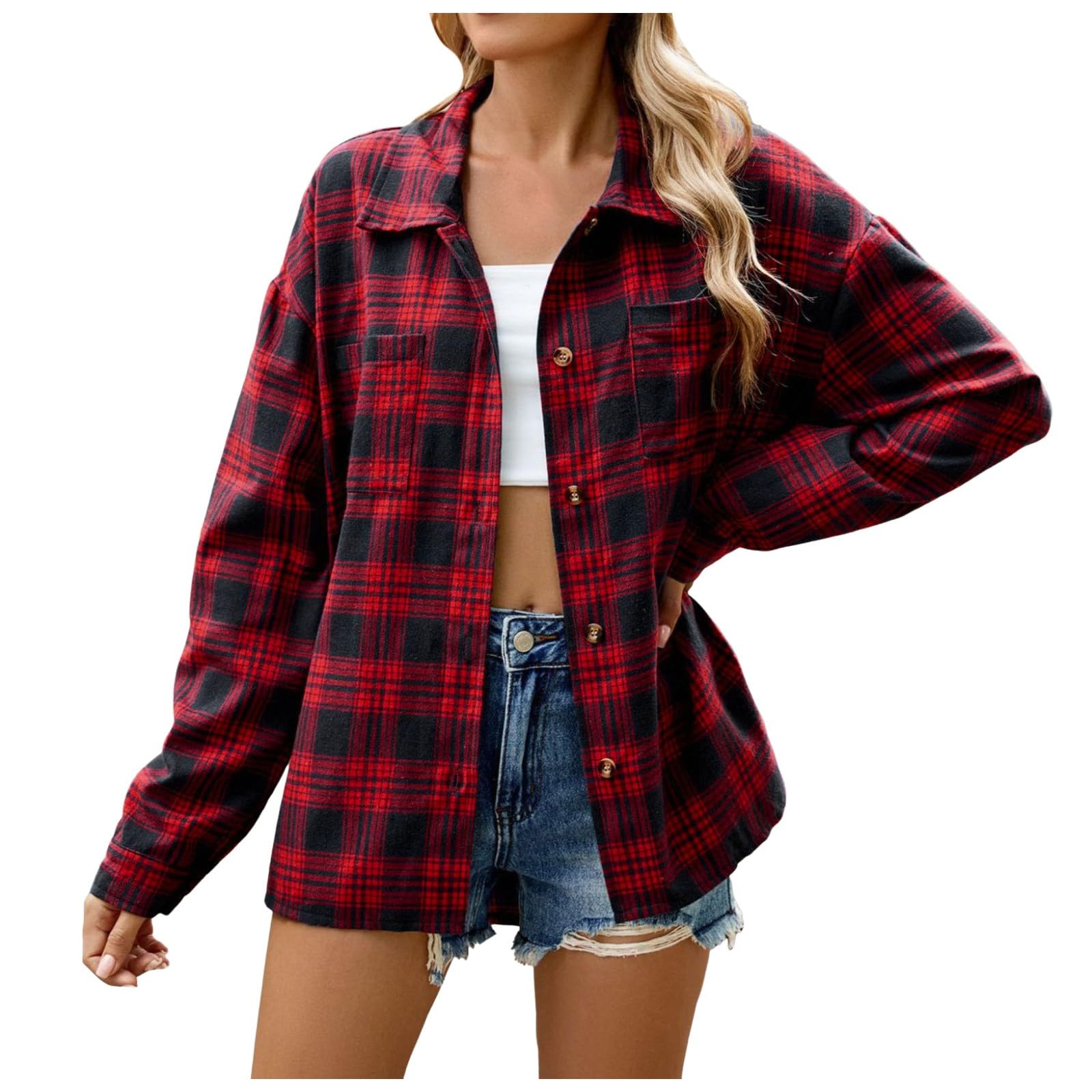 Camicia da donna casual, taglie forti, a maniche lunghe, con bottoni