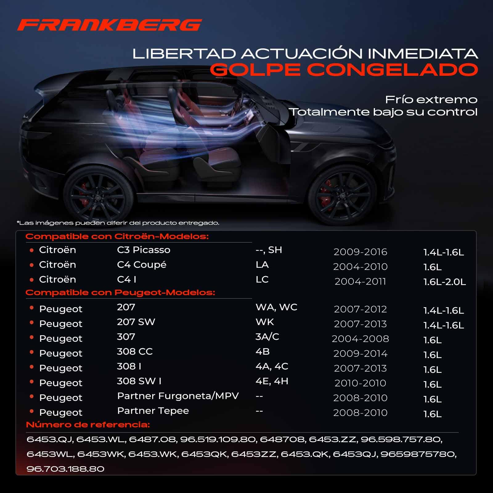 Frankberg Compresor de aire acondicionado con embrague Compatible con 207 WA WC WD WK 307 3A/C 3E 3B 3H Berlingo B9 C3 SC SH 308 4B 4A 4C 4E 4H C4 LA LC UA UD 9659875780 incl. aceite premezclado