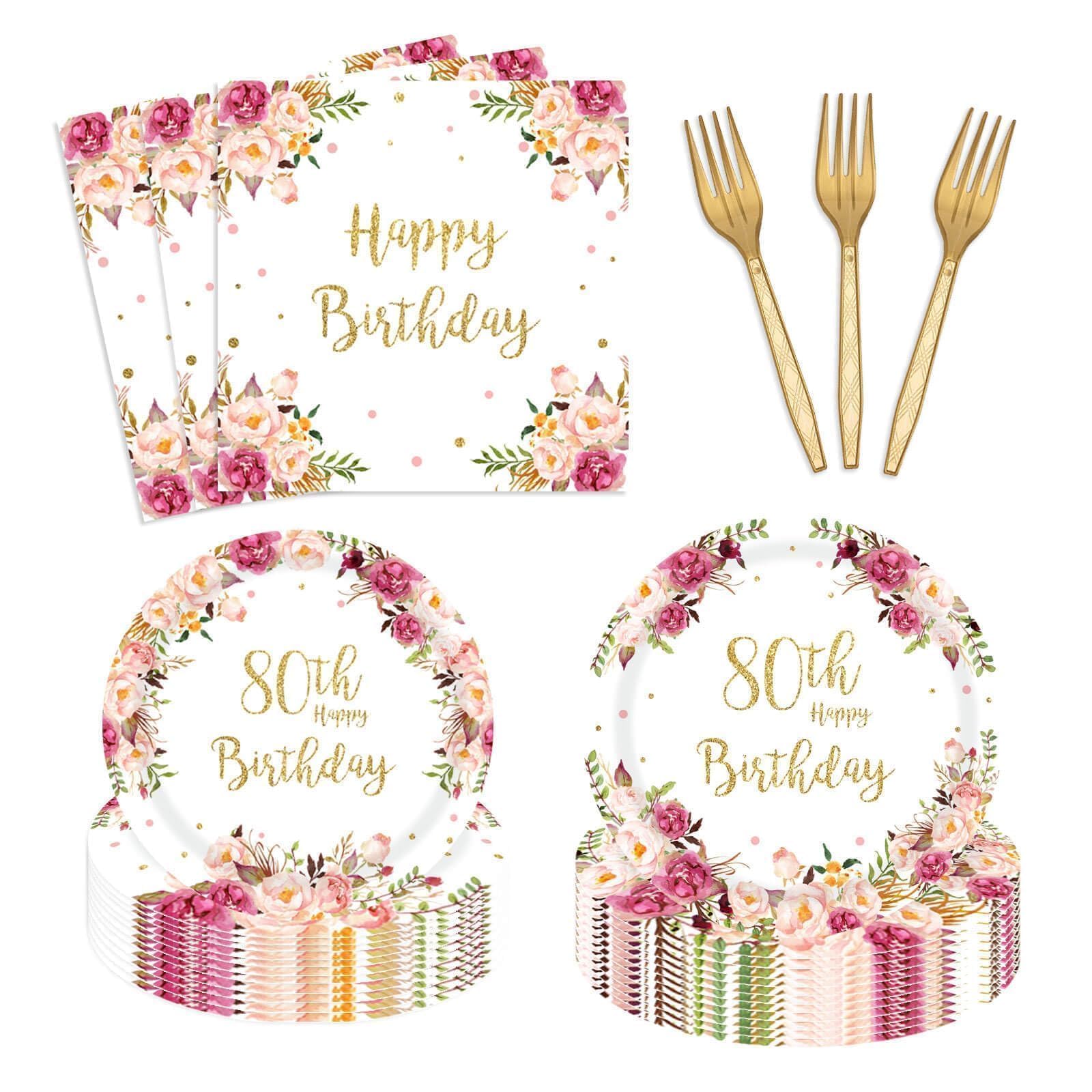 96PCs Happy 80th Birthday Party Supplies for Women 80th Birthday Floral Birthday Plates and Napkins Forks Blush Pink Bday Tableware Party Supplies