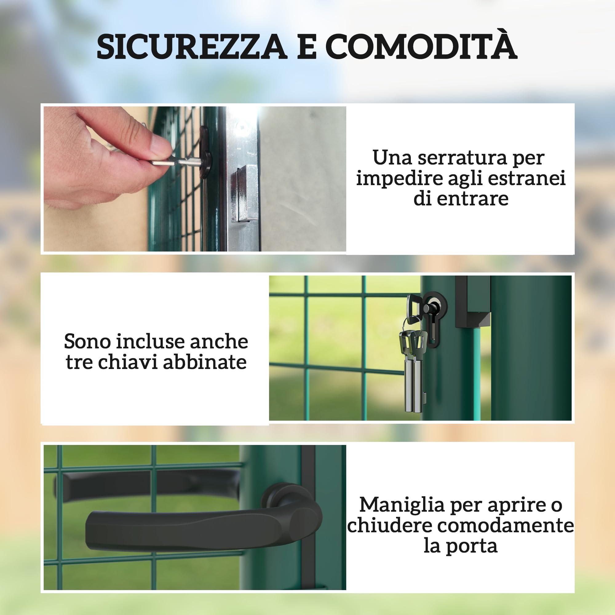 Outsunny Cancello da Giardino in Acciaio 97x200 cm, Cancelletto da Giardino con Serratura, 3 Chiavi, Maniglia e 2 Pali, Cancello Esterno per Ingresso Cortile e Terrazzo, Verde