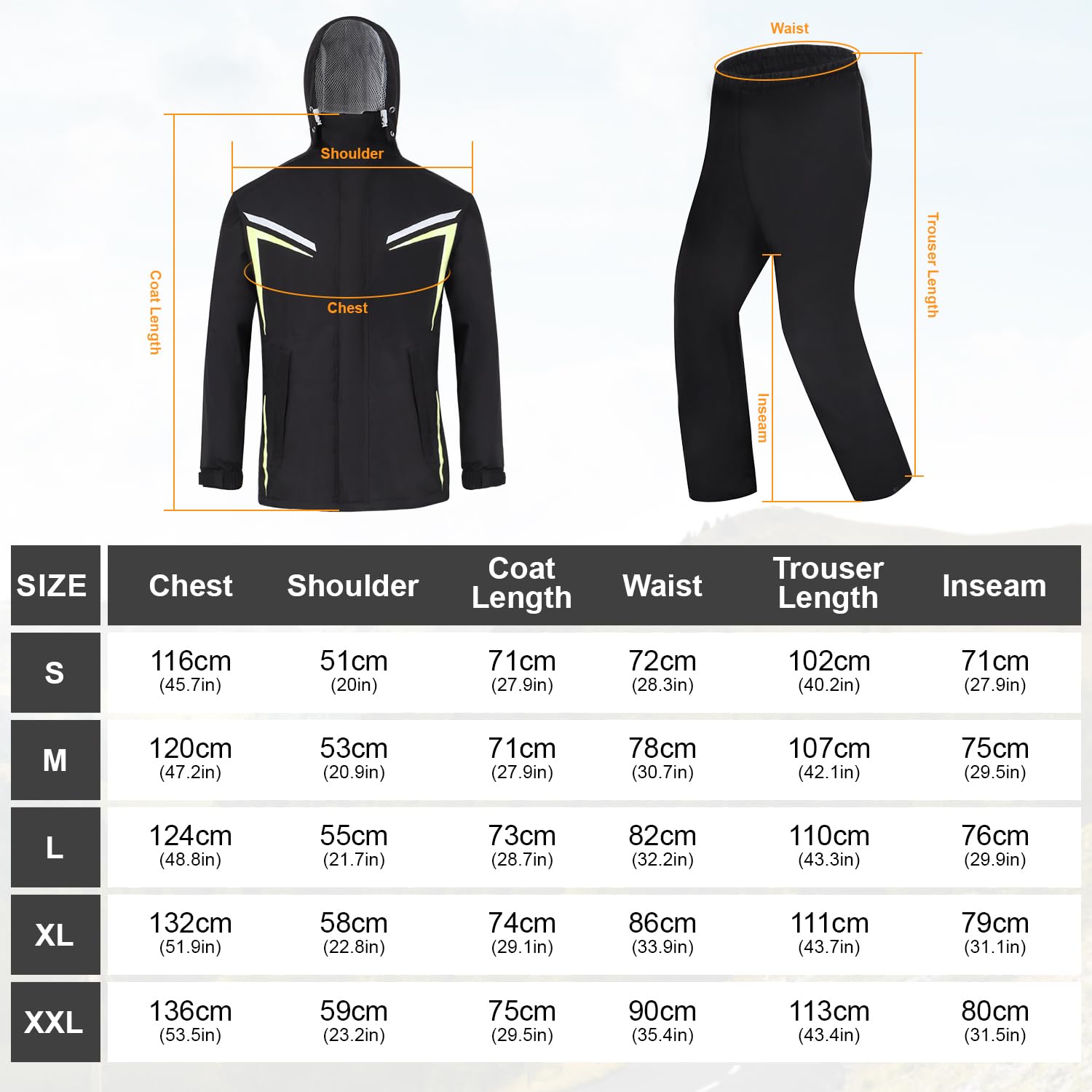 Tuta Antipioggia da Uomo Giacca Impermeabile e Tuta Pantalone Impermeabile Giacca Antipioggia Unisex Giacche da Ciclismo con Cappuccio con Catarifrangenti di Sicurezza