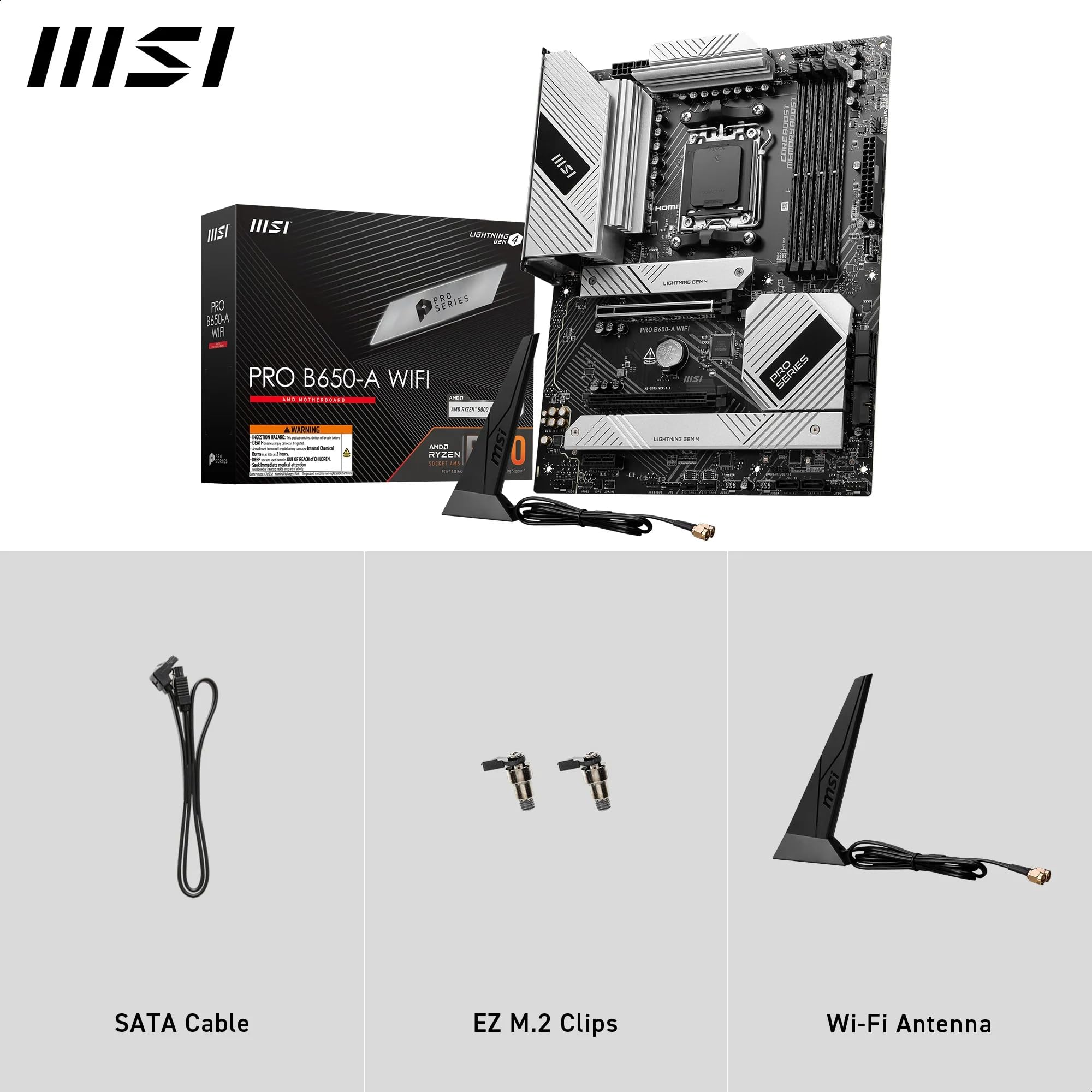 MSI PRO B650-A WIFI Płyta główna, ATX - Obsługuje procesory AMD Ryzen 9000/8000/7000, AM5 - DDR5 Memory Boost 7600+MHz/OC, 2 x PCIe 4.0 x16, 3 x M.2 Gen4, Wi-Fi 6E
