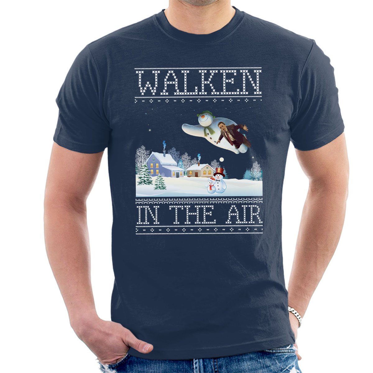 Cloud City 7 Men's Navy Blue Christopher Walken In The Air Snow Man Christmas Knit T-Shirt
