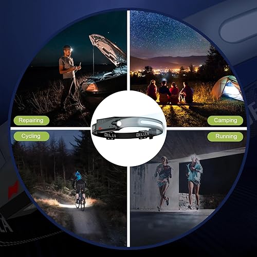 Miniatura 9 de Linterna frontal LED, paquete de 2 faros recargables, haz ancho de 1200 lúmenes, iluminación de 230 con sensor de movimiento y foco, lámpara de