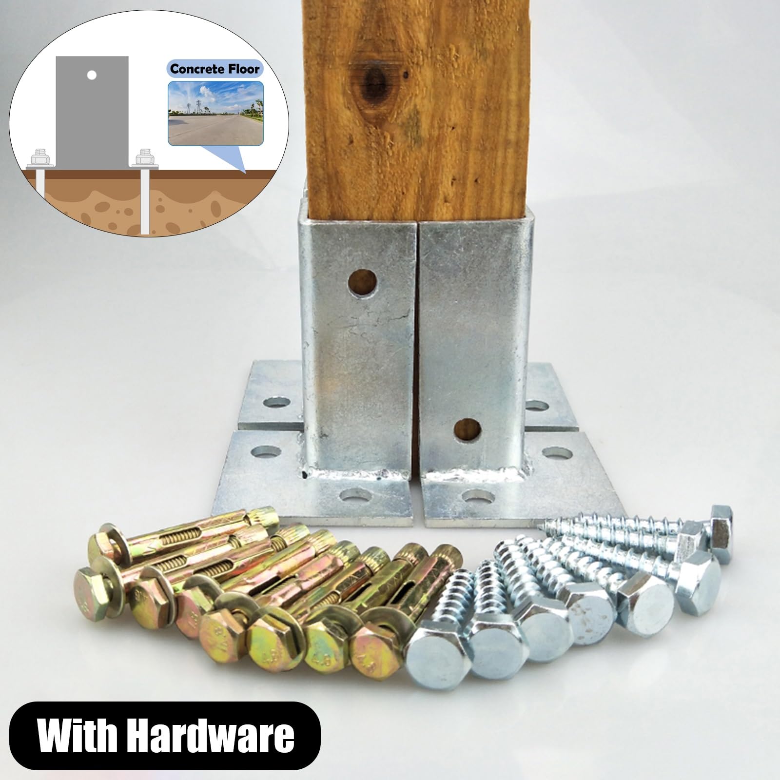Kit de soporte para postes de valla de madera, zapatos de base de poste divididos ajustables con pernos de hormigón para barandillas de cubierta y montantes - Soportes de anclaje de metal