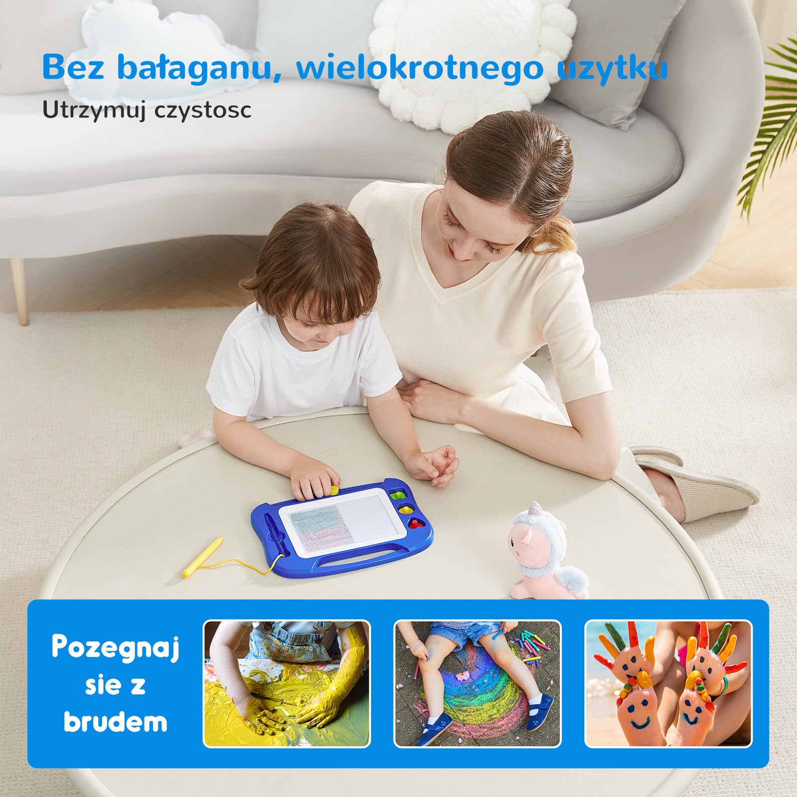 SGILE Magiczna tablica do malowania dla Dzieci, Kolorowa ścieralna Tablica Doodle z Magnetycznym Piórem, Malarska Podkładka do Szkicowania z Trzema Pieczątkami, Zabawka Podróźna, Niebieska