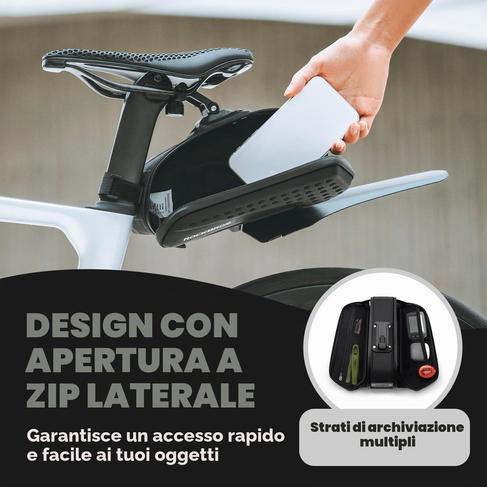 ROCKBROS Borsa Bici Sella Borse Sottosella Posteriore Bicicletta MTB Strada Grande Capacità 1.3L Rigido con Parafango Striscia Riflettente Accessori per Ciclismo, Nero