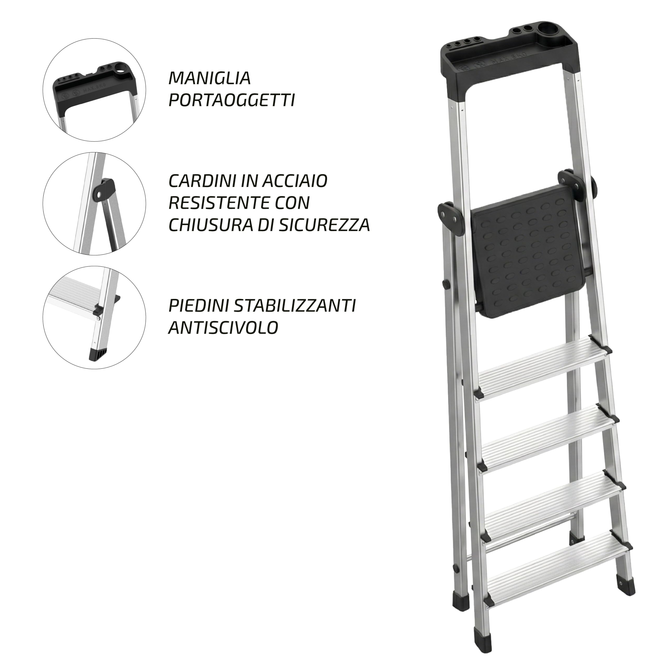 Scala Pieghevole in Alluminio a 5 Gradini con con Vassoio Portautensili Integrato || EN 131 || Portata 150kg || Struttura Robusta e Leggera per Casa, Ufficio e Fai da Te