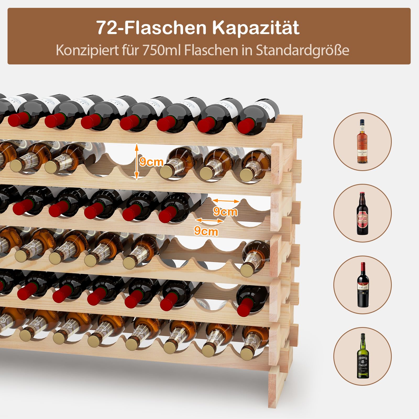 GIANTEX Weinregal Stapelbar Holz, Flaschenregal für 72 Flaschen, Weinschrank Weinständer mit 6 Ebenen, Flaschenständer Modular für Küche Bar, Holzregal 119 x 29 x 72 cm, Naturholzfarbe