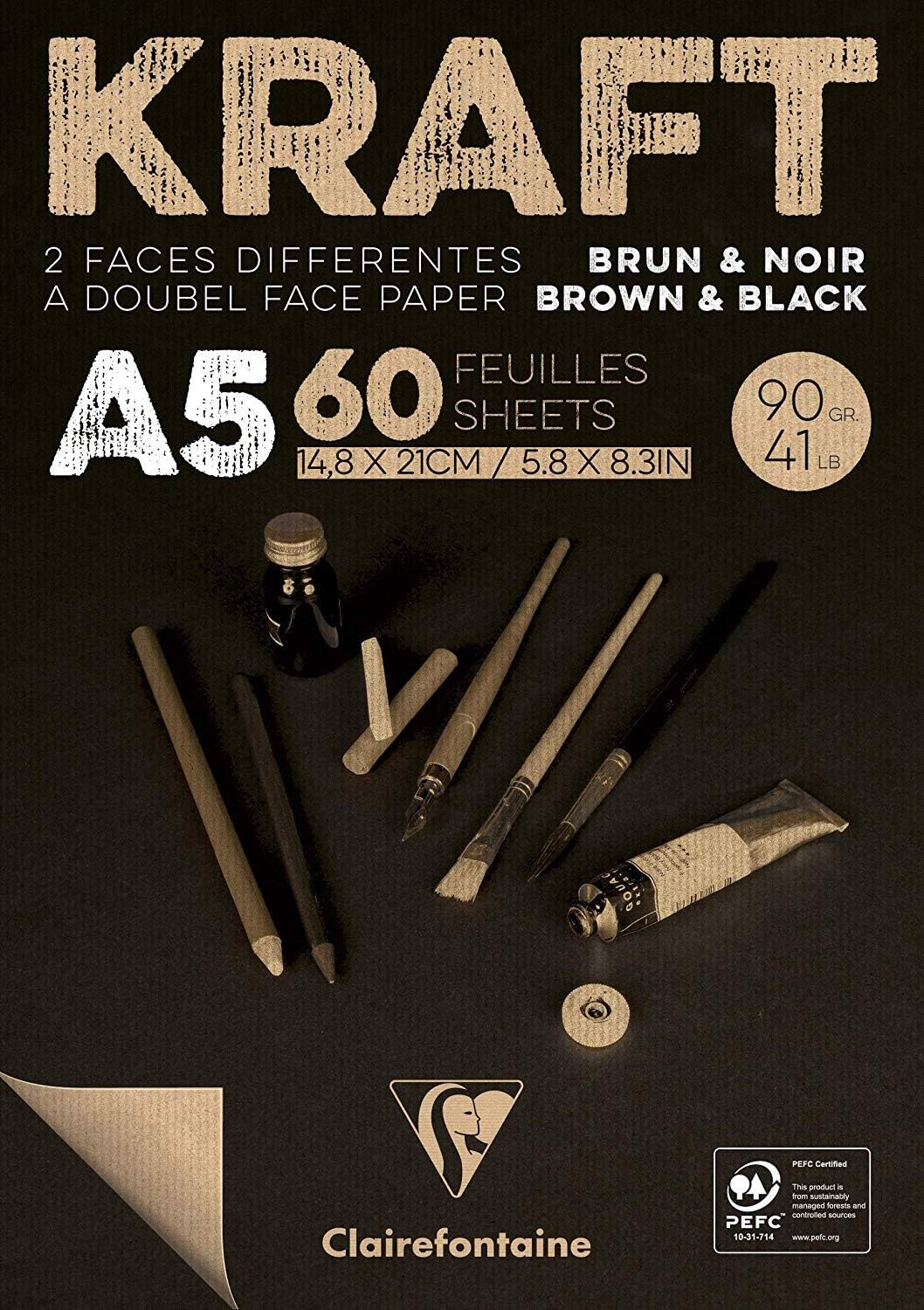 Clairefontaine - Ref 975817C - Kraft Black and Brown Paper Pad (60 Sheets) - A5 (148 x 210mm), 90gsm, Acid Free, pH Neutral, One Side Brown & One Side Black